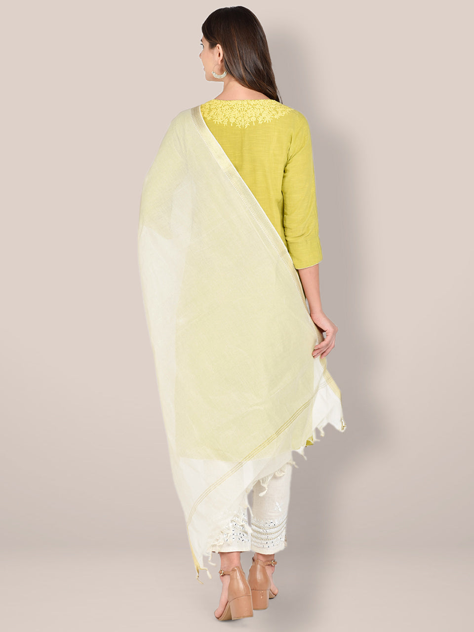 Mangalgiri Cream Cotton Dupatta with Golden border freeshipping - Dupatta Bazaar