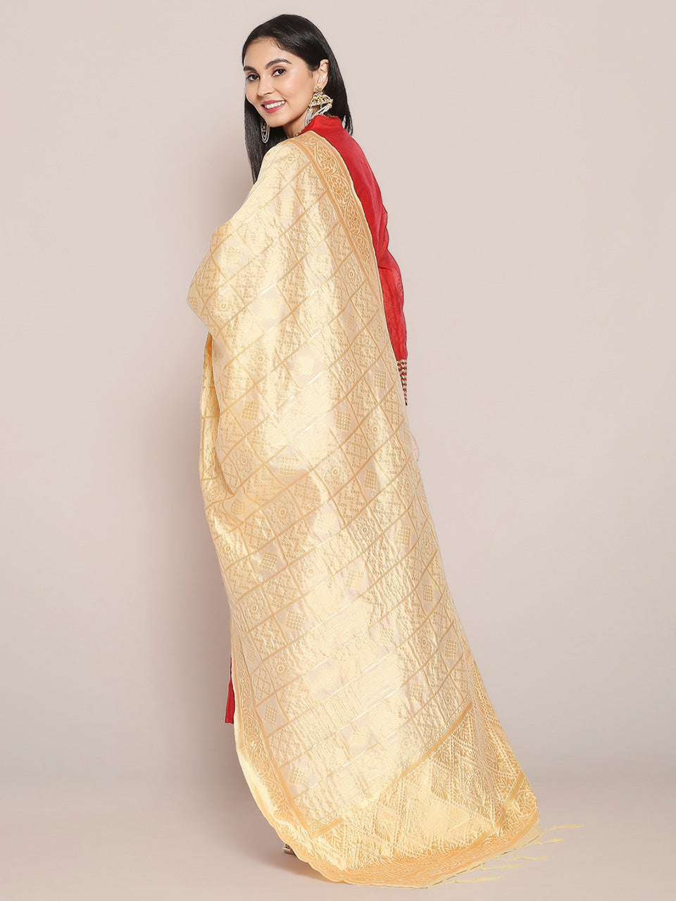Cream Banarasi Silk Dupatta with Bhandej design. freeshipping - Dupatta Bazaar