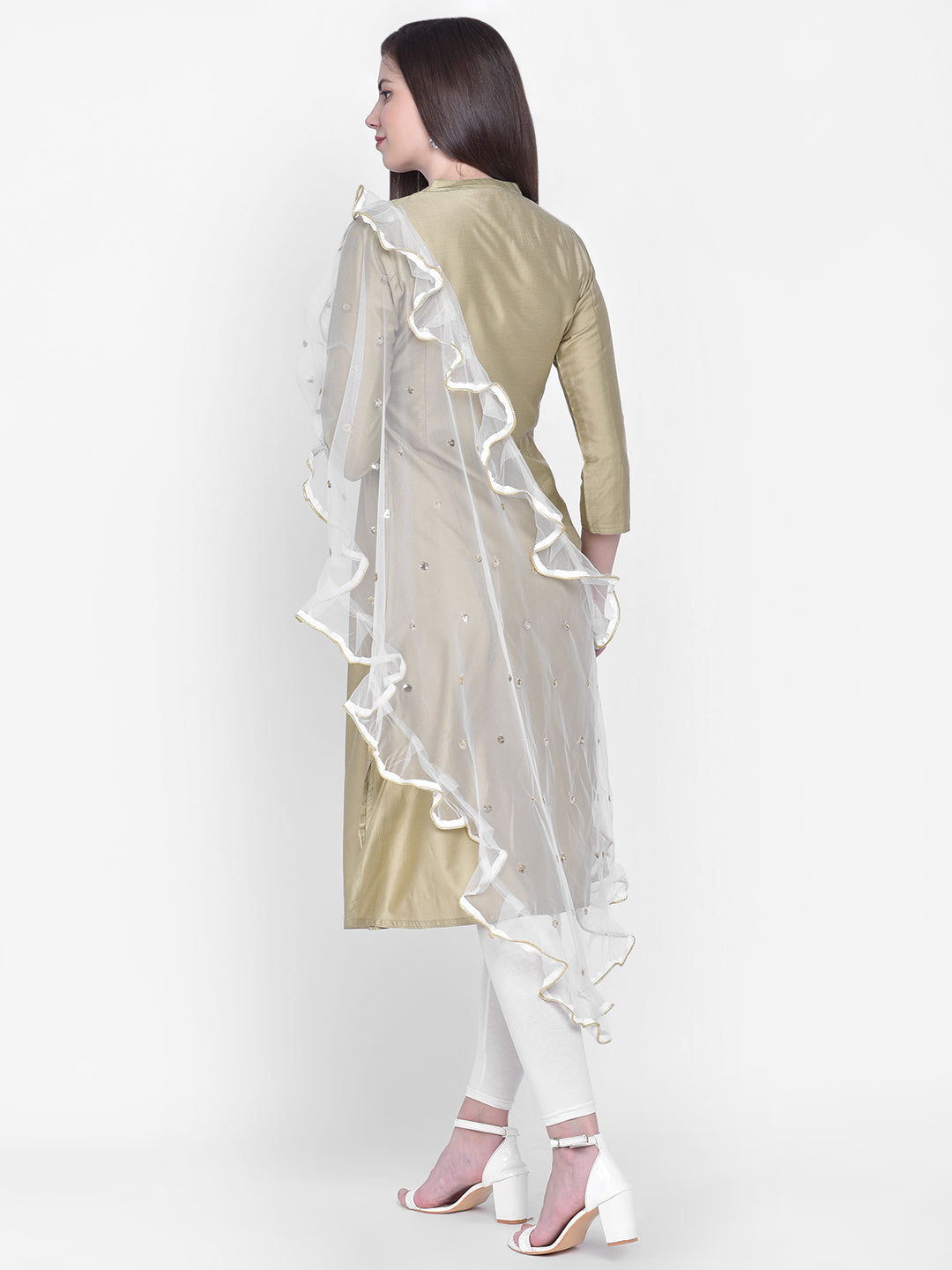 Dupatta Bazaar Woman's White & Gold Organza Dupatta with Ruffles - Dupatta Bazaar