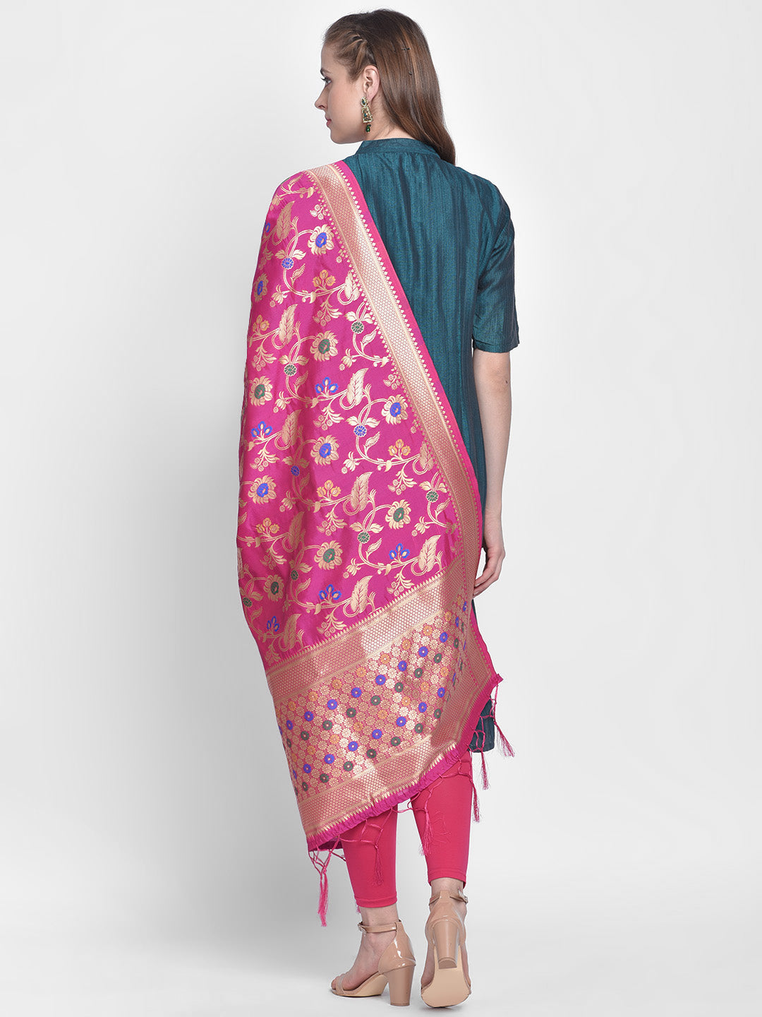 Dupatta Bazaar Woman's Pink Banarasi Silk Dupatta with floral Jaal - Dupatta Bazaar