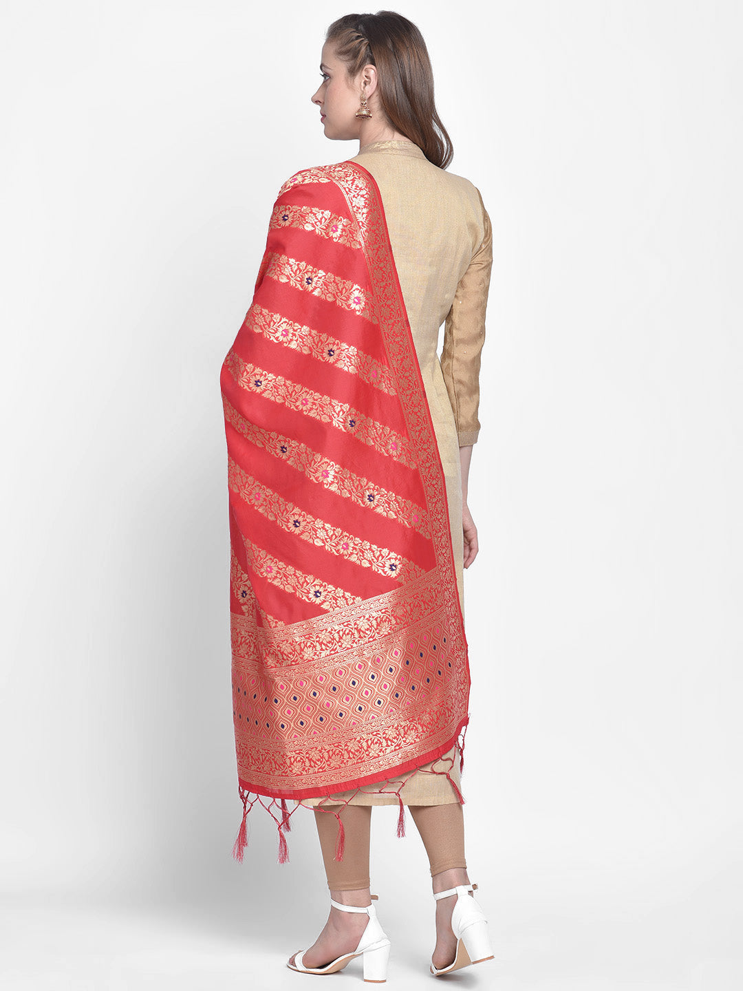 Dupatta Bazaar Woman's Red Banarasi Silk Dupatta with floral design. - Dupatta Bazaar