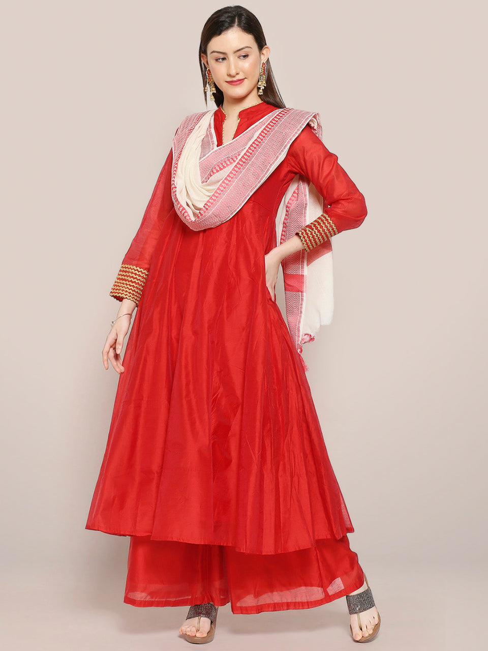 Off White Handloom Cotton Dupatta with Red border freeshipping - Dupatta Bazaar
