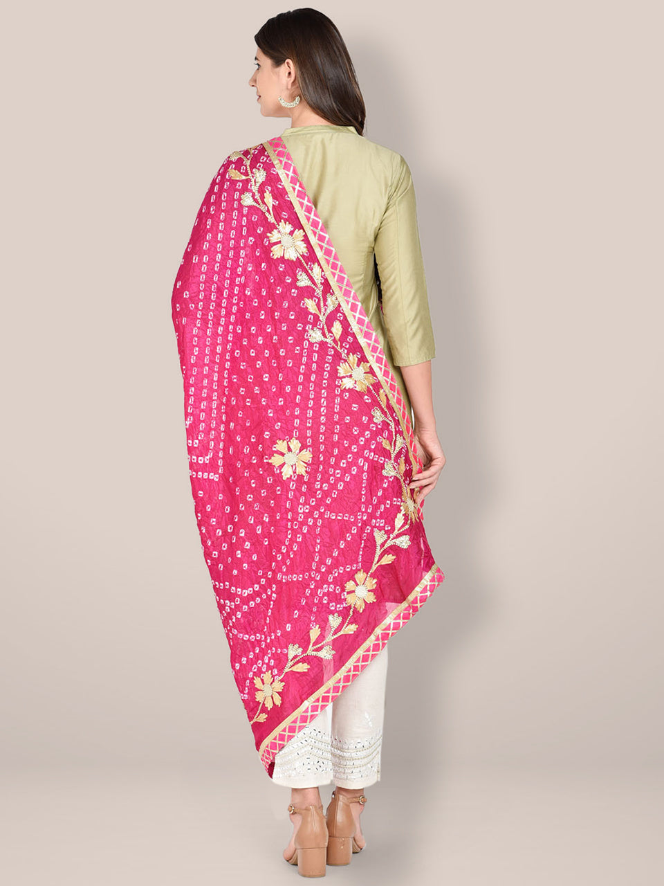 Rani Pink Bandhini Dupatta with Gotta Patti Work. freeshipping - Dupatta Bazaar
