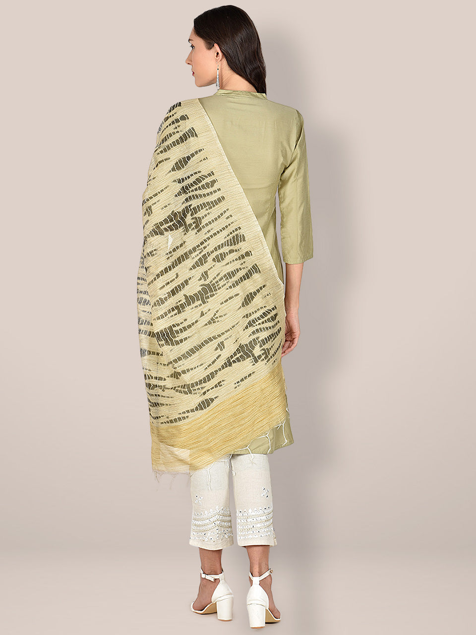 Printed Beige & Black Silk Dupatta. freeshipping - Dupatta Bazaar