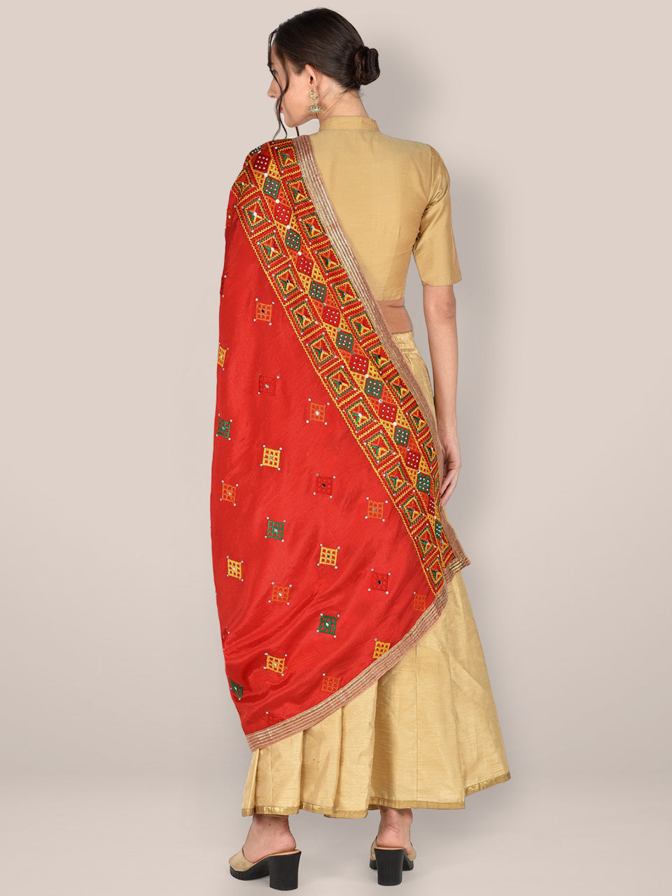 Phulkari Red & Multicoloured Pure Chinon Dupatta freeshipping - Dupatta Bazaar