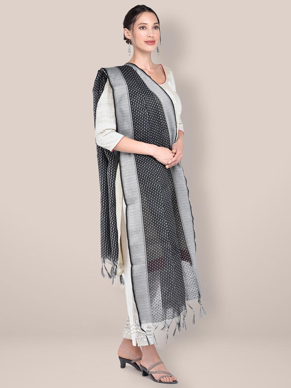 Woven Black & White Cotton Chanderi Dupatta freeshipping - Dupatta Bazaar