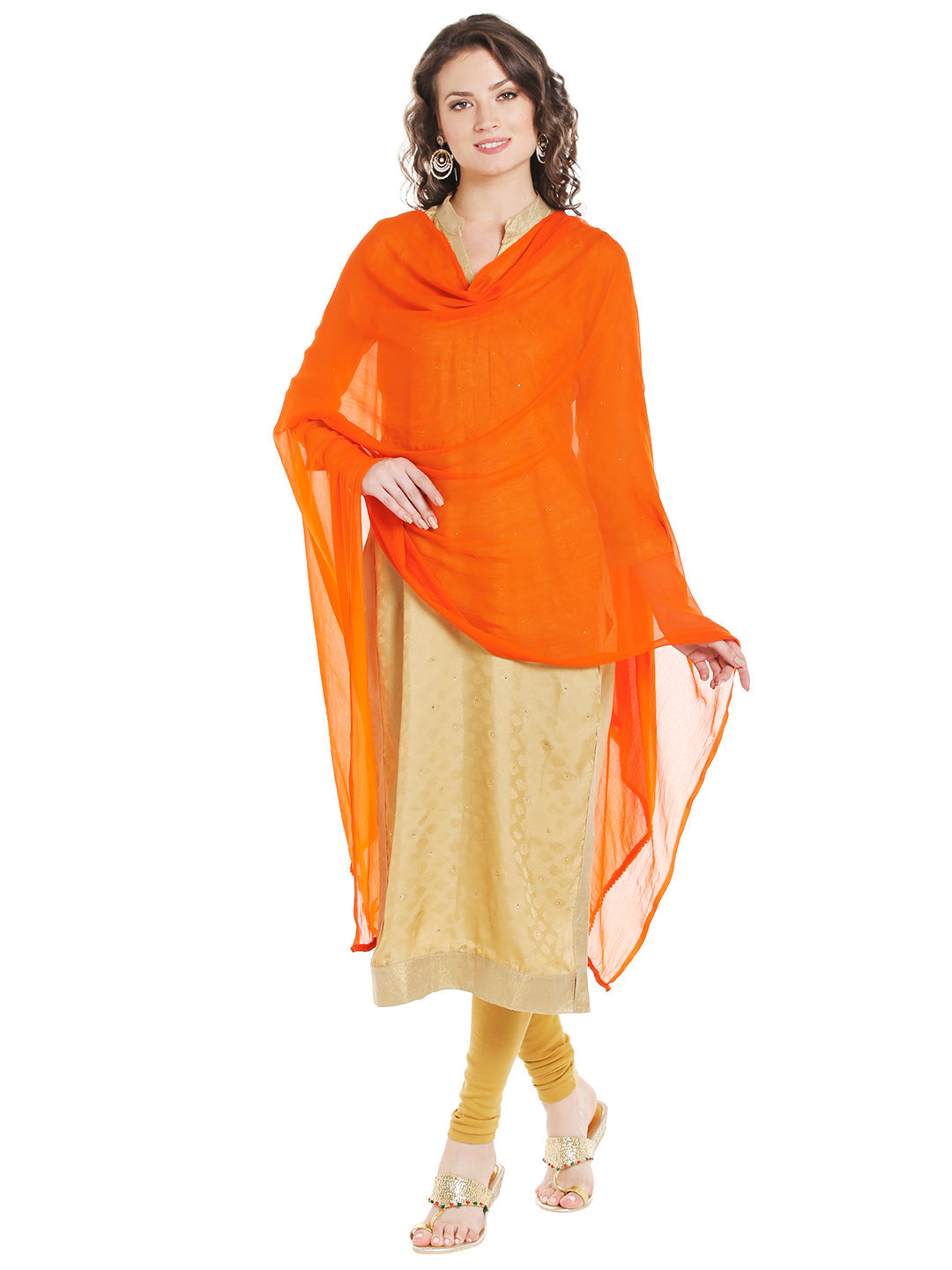 Dupatta Bazaar Woman's Orange Chiffon Dupatta with Beaded Lace - Dupatta Bazaar