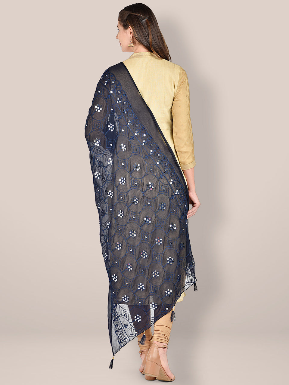 Embroidered Navy Blue Chiffon Dupatta freeshipping - Dupatta Bazaar