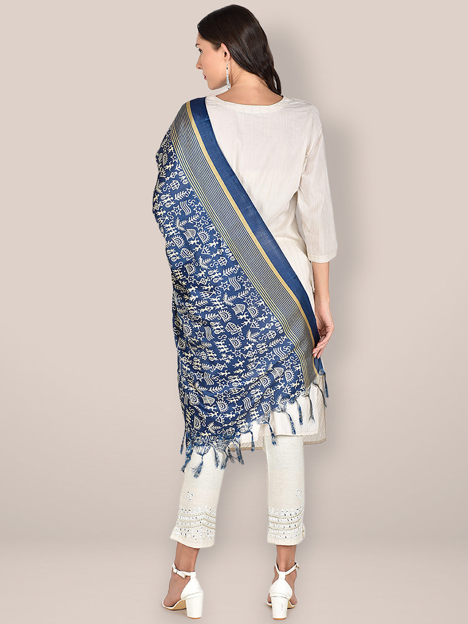 Floral Printed Blue & White Art Silk Dupatta freeshipping - Dupatta Bazaar