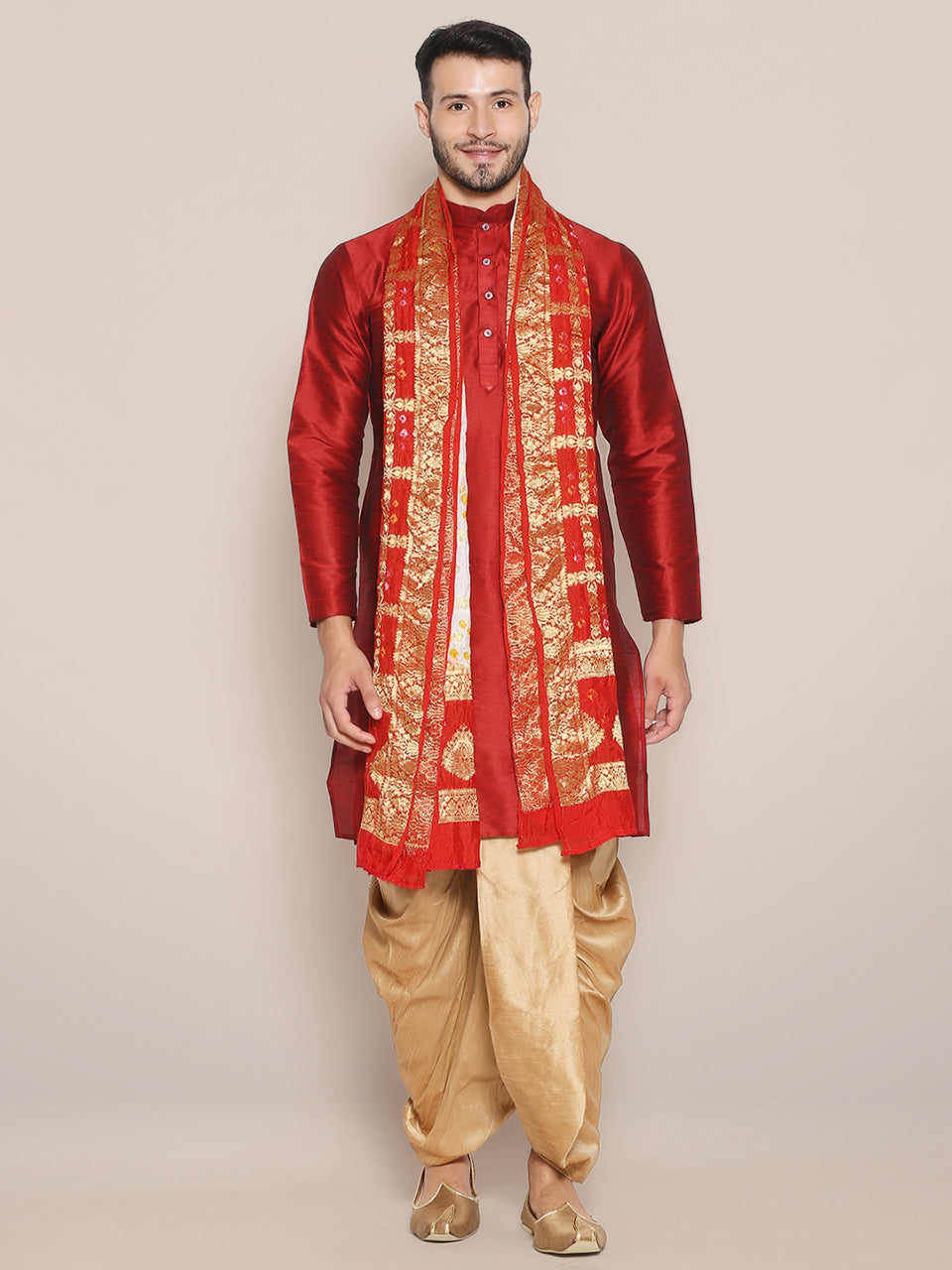 Men's White & Red Banarasi Bandhani Gharchola Silk freeshipping - Dupatta Bazaar
