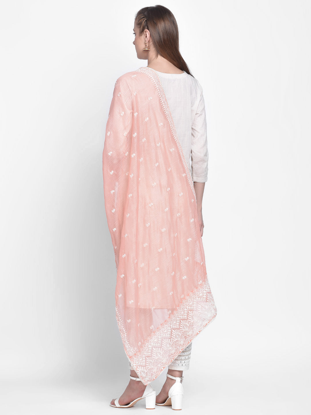 Dupatta Bazaar Woman's Embroidered Peach Super Net Dupatta. - Dupatta Bazaar