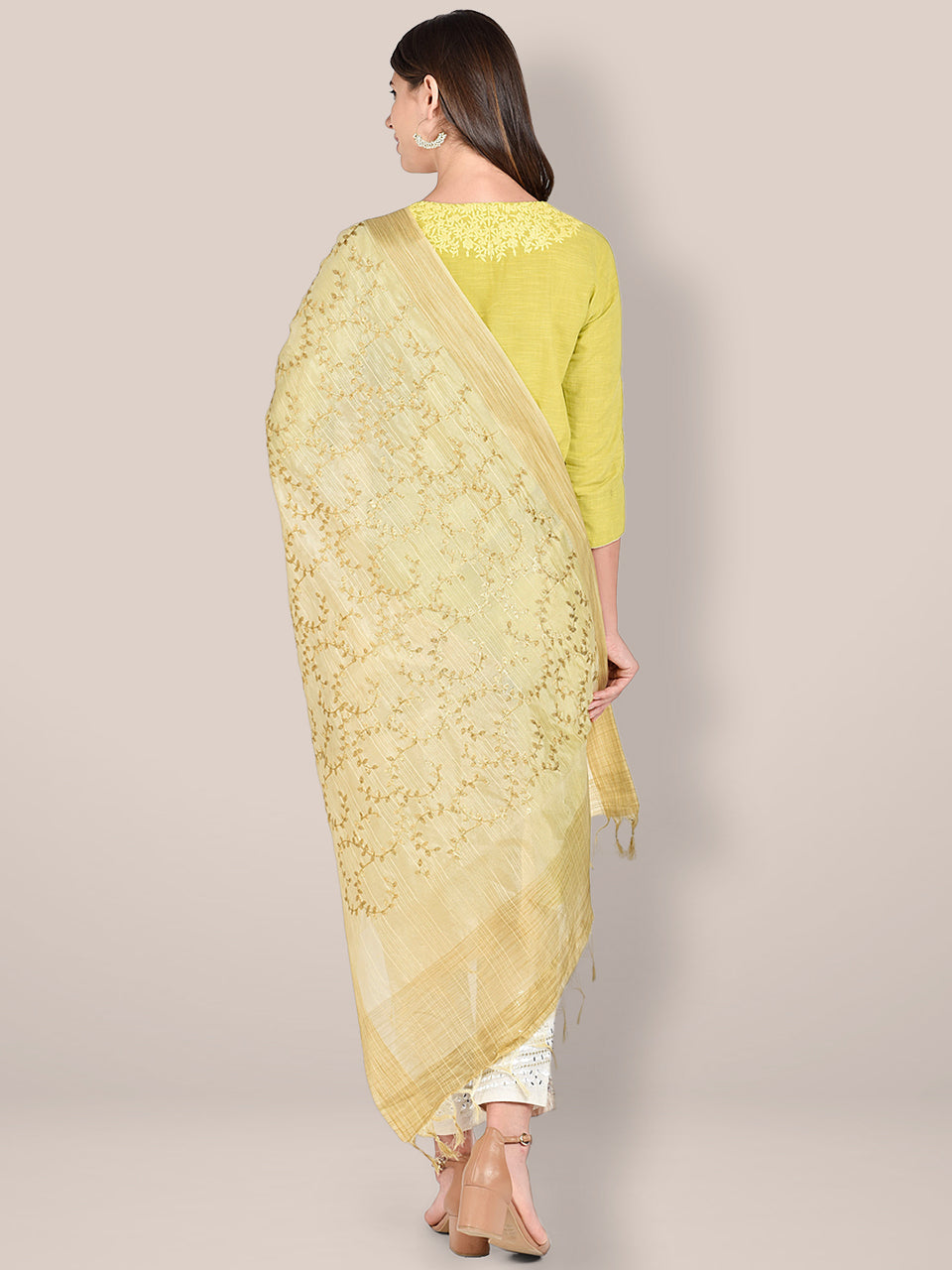 Embroidered Cream Blended Silk Dupatta. freeshipping - Dupatta Bazaar