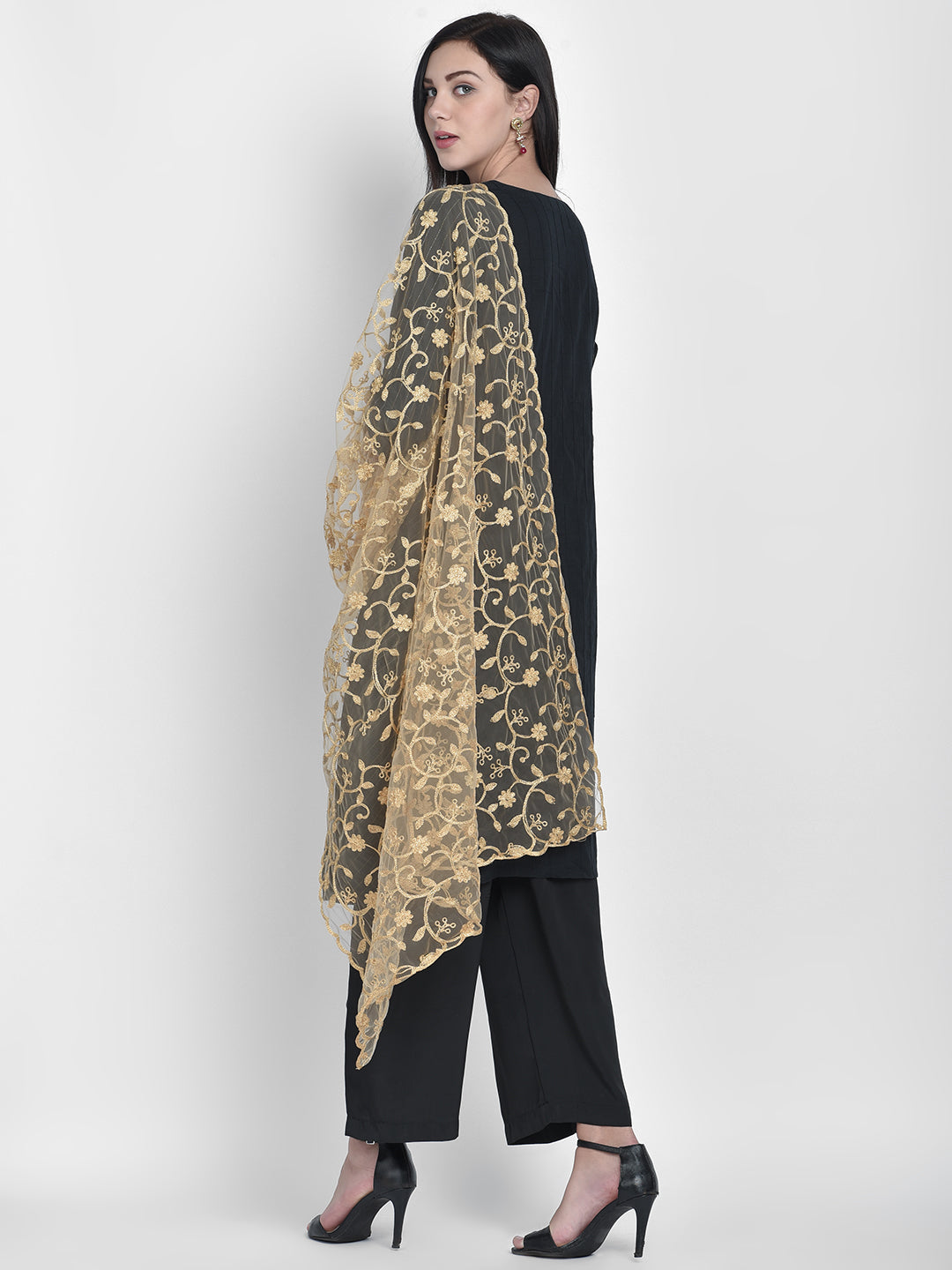 Dupatta Bazaar Woman's Gold Embroidered Net Dupatta - Dupatta Bazaar