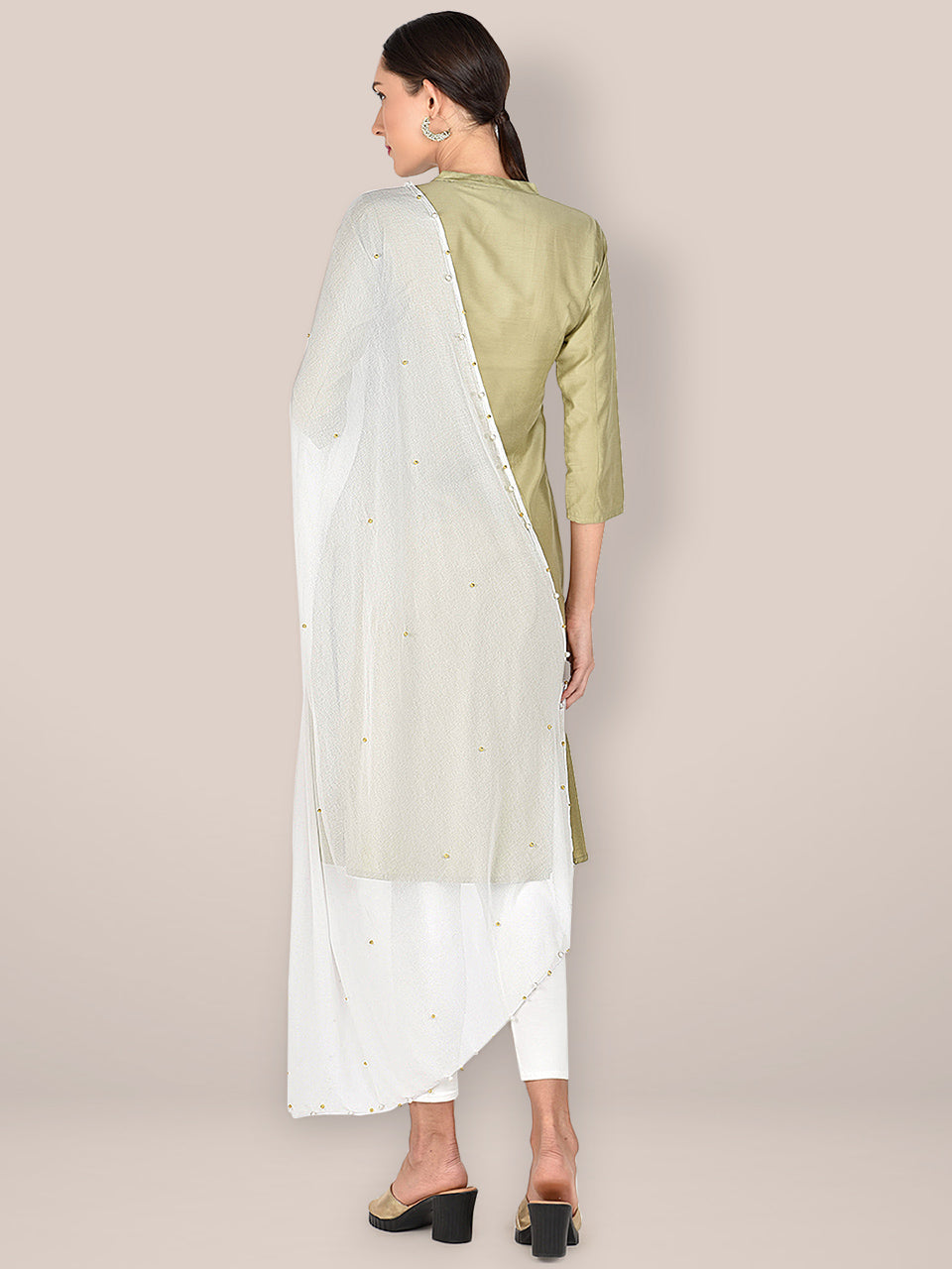 Offf White Chiffon Dupatta  with Pearls & Beads freeshipping - Dupatta Bazaar