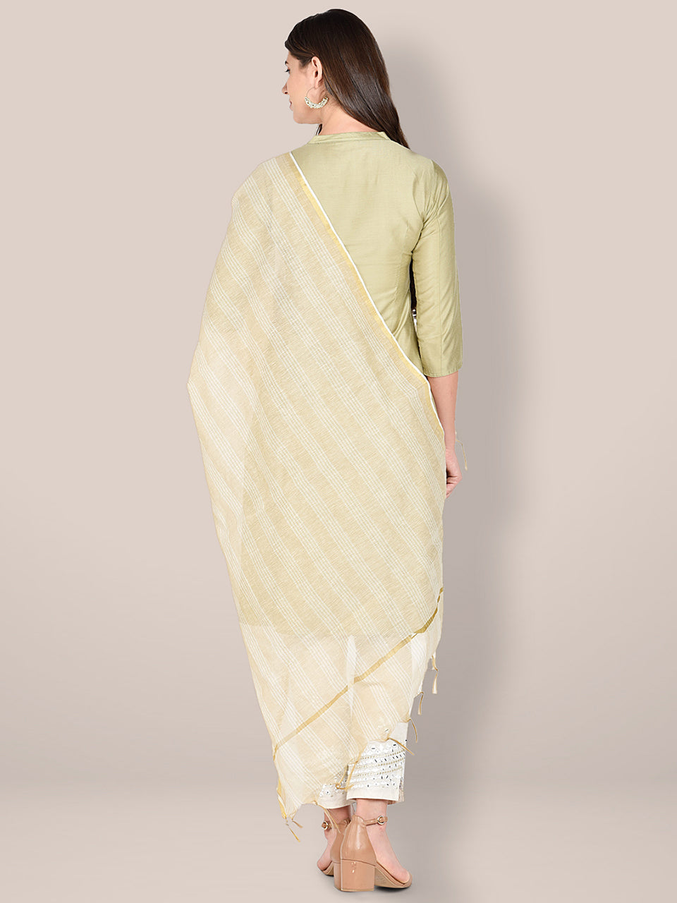 Striped Beige Cotton Dupatta. freeshipping - Dupatta Bazaar