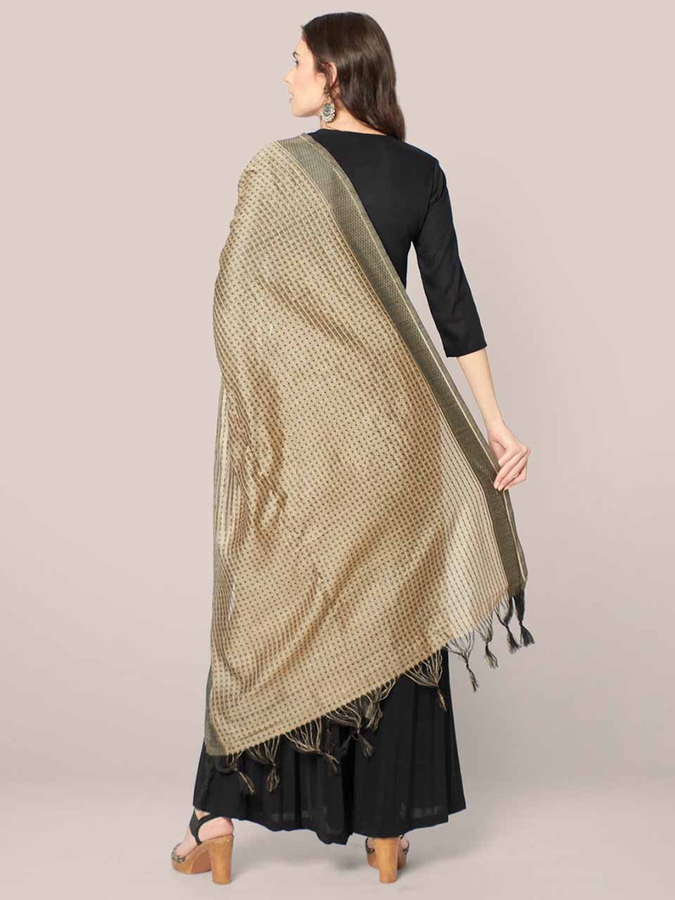 Woven Dark Beige & Black Striped Cotton Chanderi Dupatta freeshipping - Dupatta Bazaar