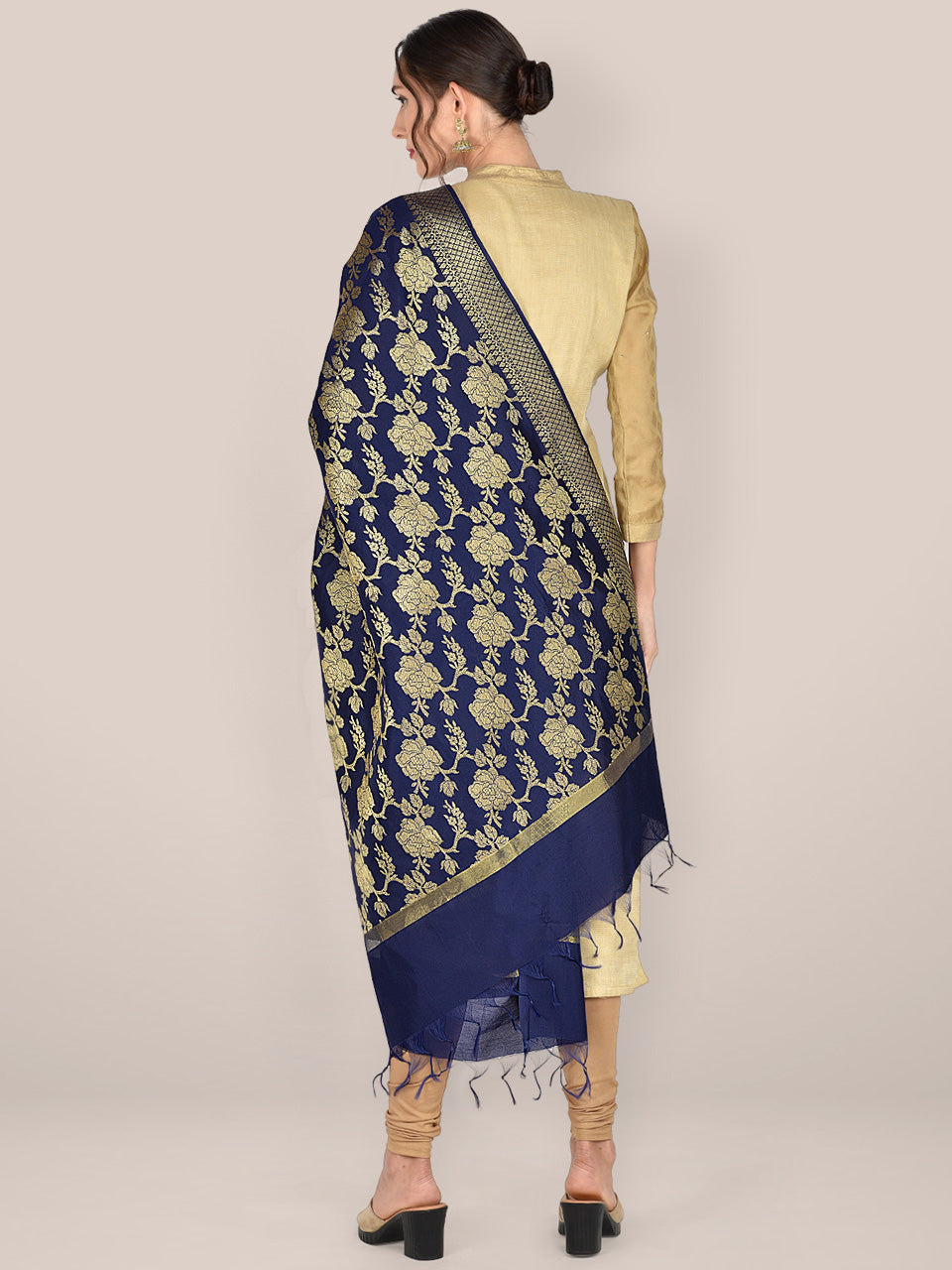 Banarasi Navy Blue Silk Dupatta with Floral Jaal freeshipping - Dupatta Bazaar