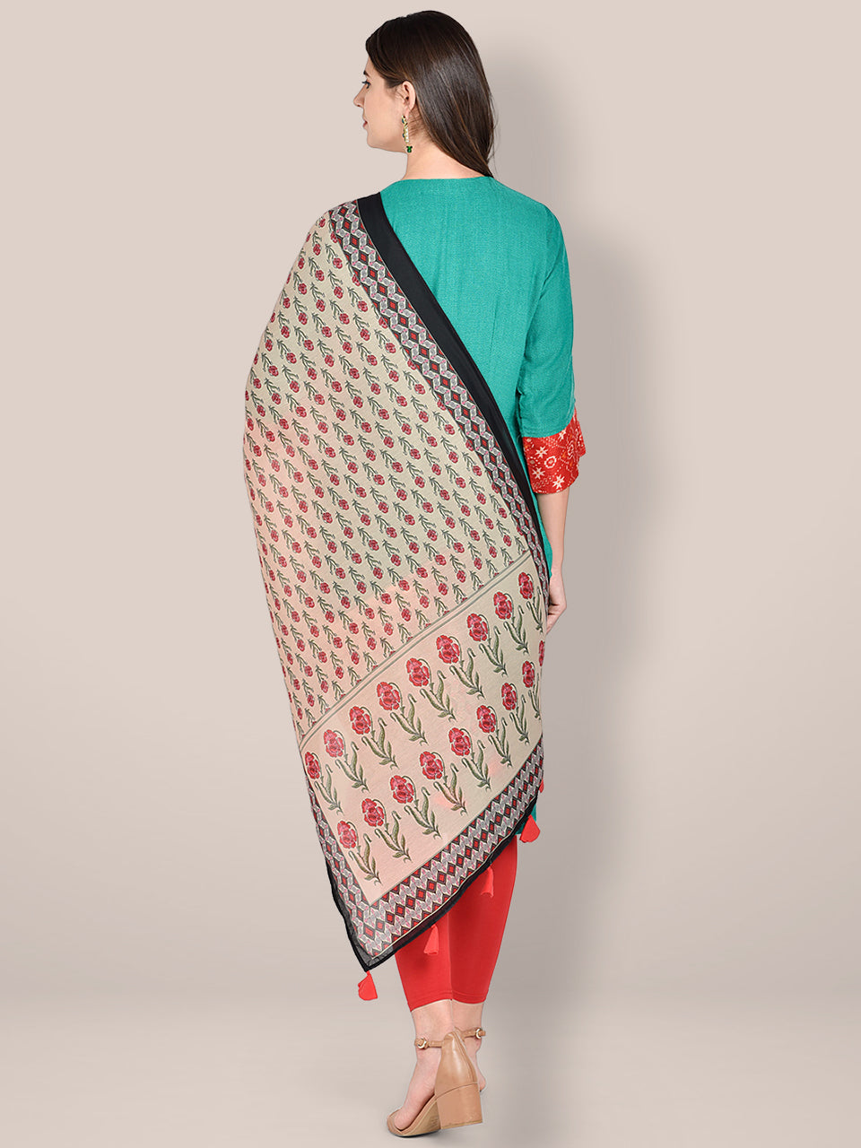 Beige & Pink Floral Printed Blended Silk Dupatta. freeshipping - Dupatta Bazaar