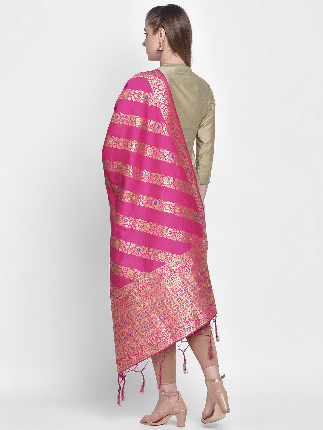 Dupatta Bazaar Woman's Pink Banarasi Silk Dupatta with floral design. - Dupatta Bazaar