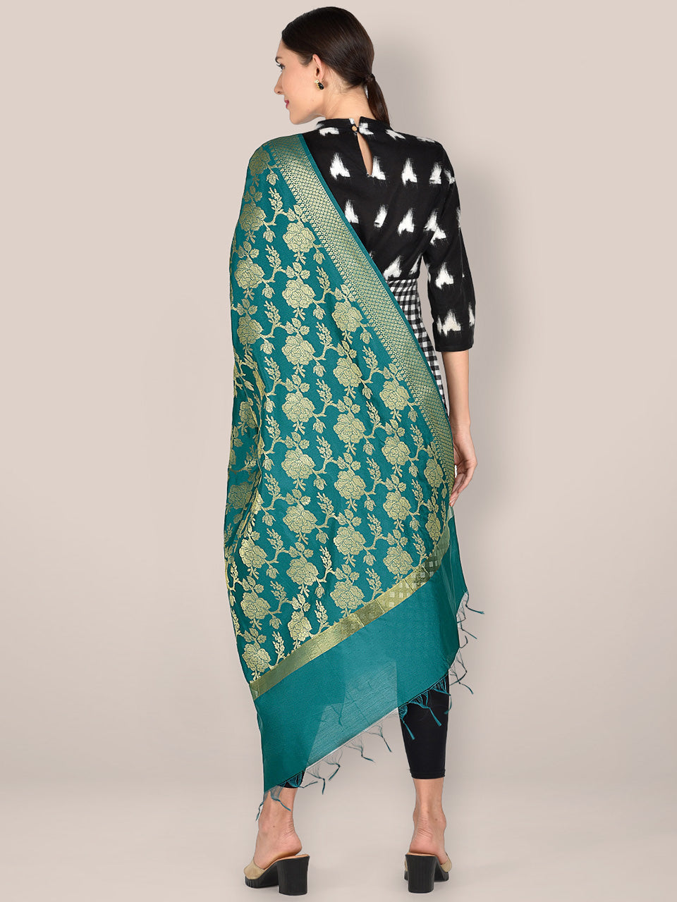 Banarasi Teal Silk Dupatta with Floral Jaal freeshipping - Dupatta Bazaar
