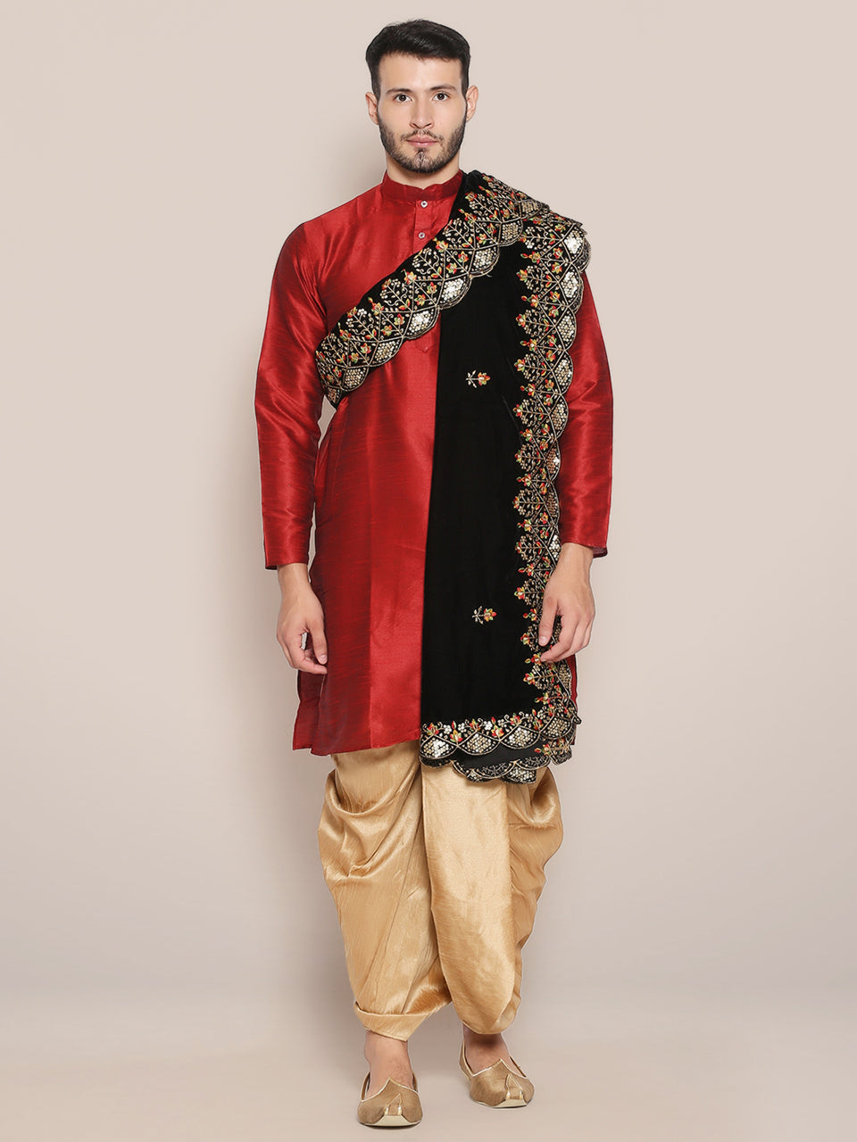 Men's Black Velvet Dupatta with Multicolour Embroidery freeshipping - Dupatta Bazaar