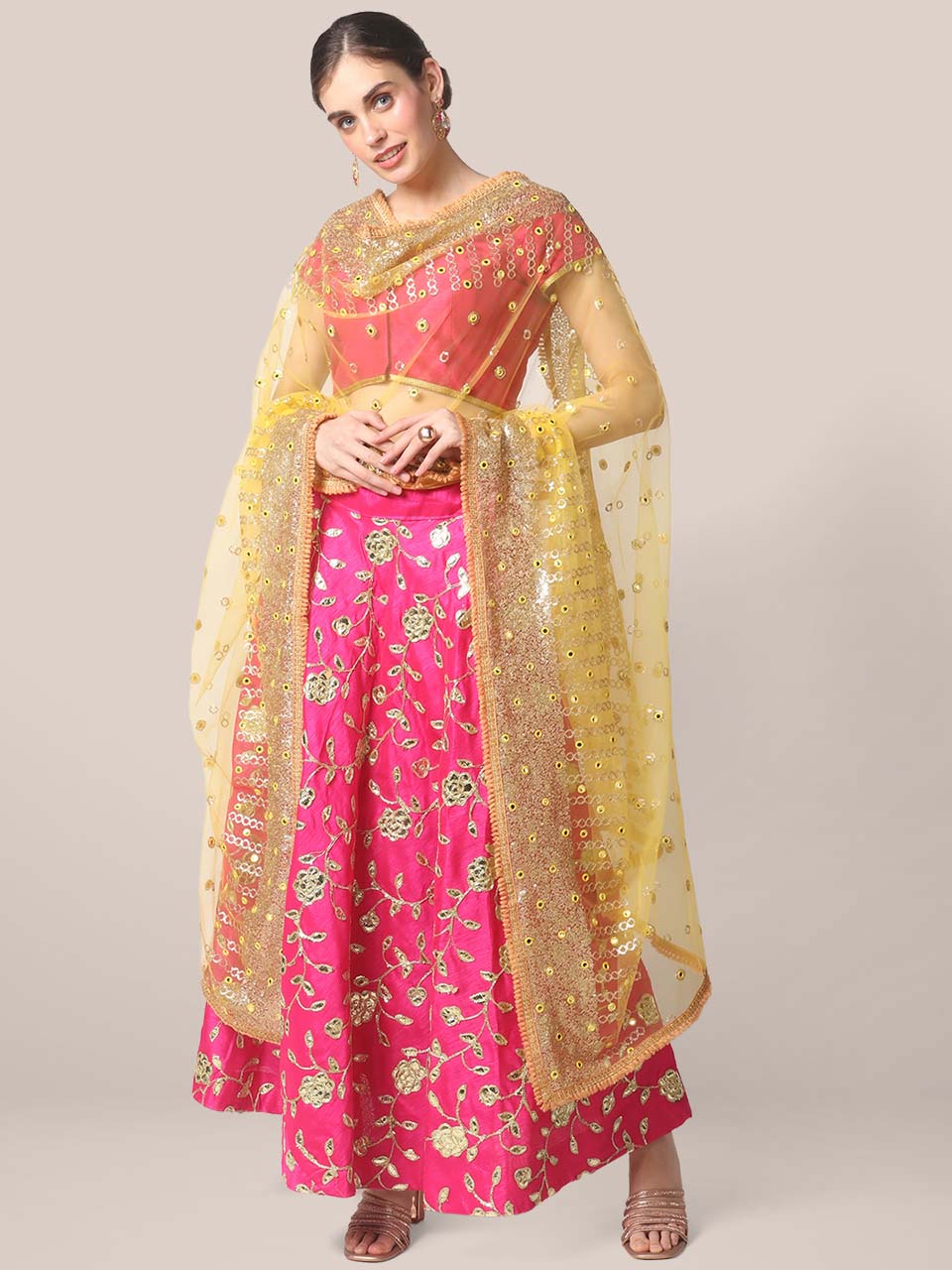 Yellow Net Dupatta with Sequins & Mirror Workwork freeshipping - Dupatta Bazaar