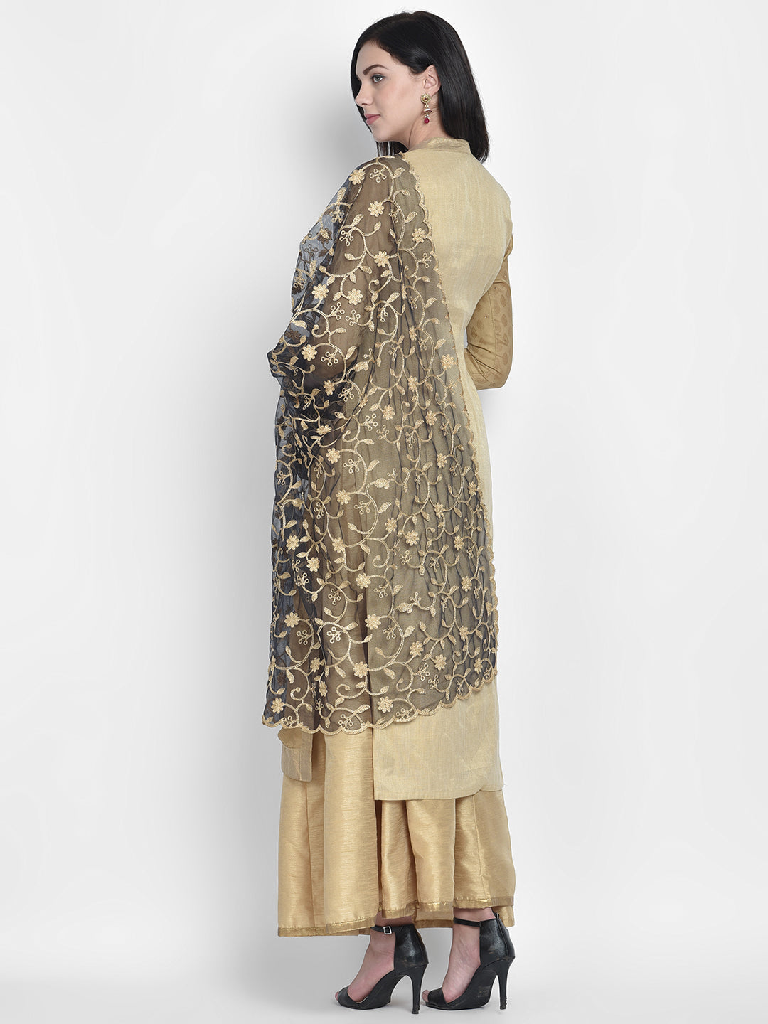 Dupatta Bazaar Woman's Black Embroidered Net Dupatta - Dupatta Bazaar