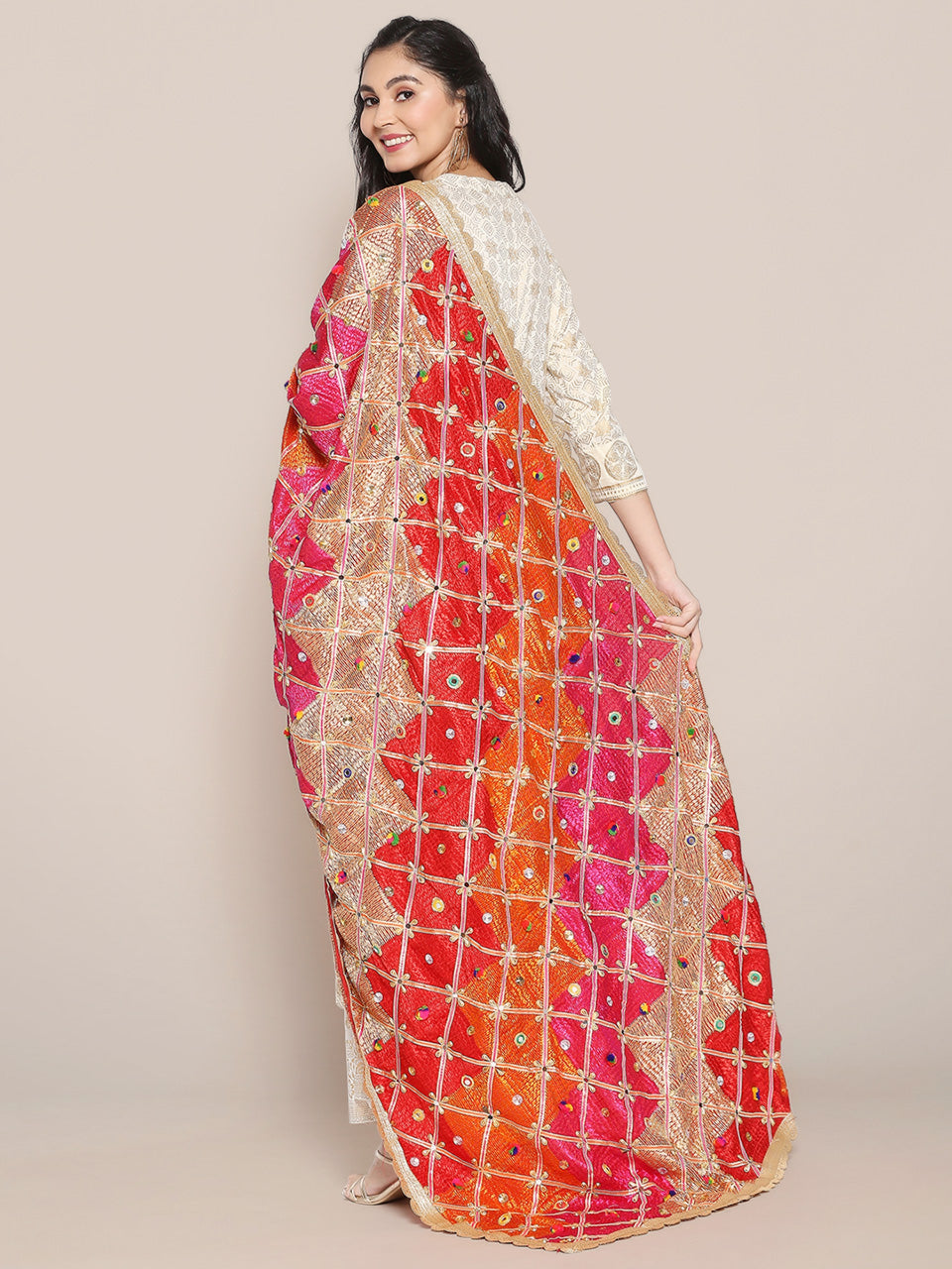 Multicoloured Embellished Phulkari Chiffon Dupatta freeshipping - Dupatta Bazaar