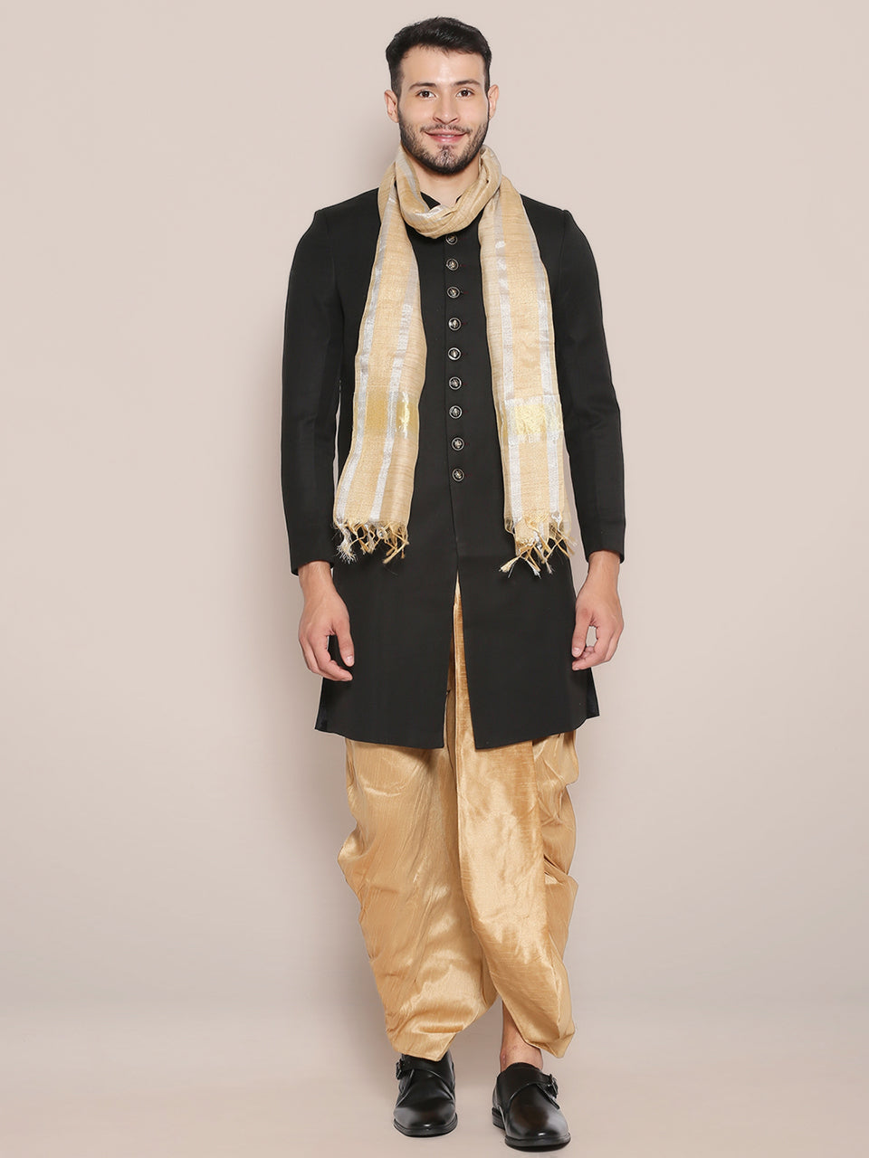 Men's Gold Blended Silk Dupatta with Silver Gold Border freeshipping - Dupatta Bazaar