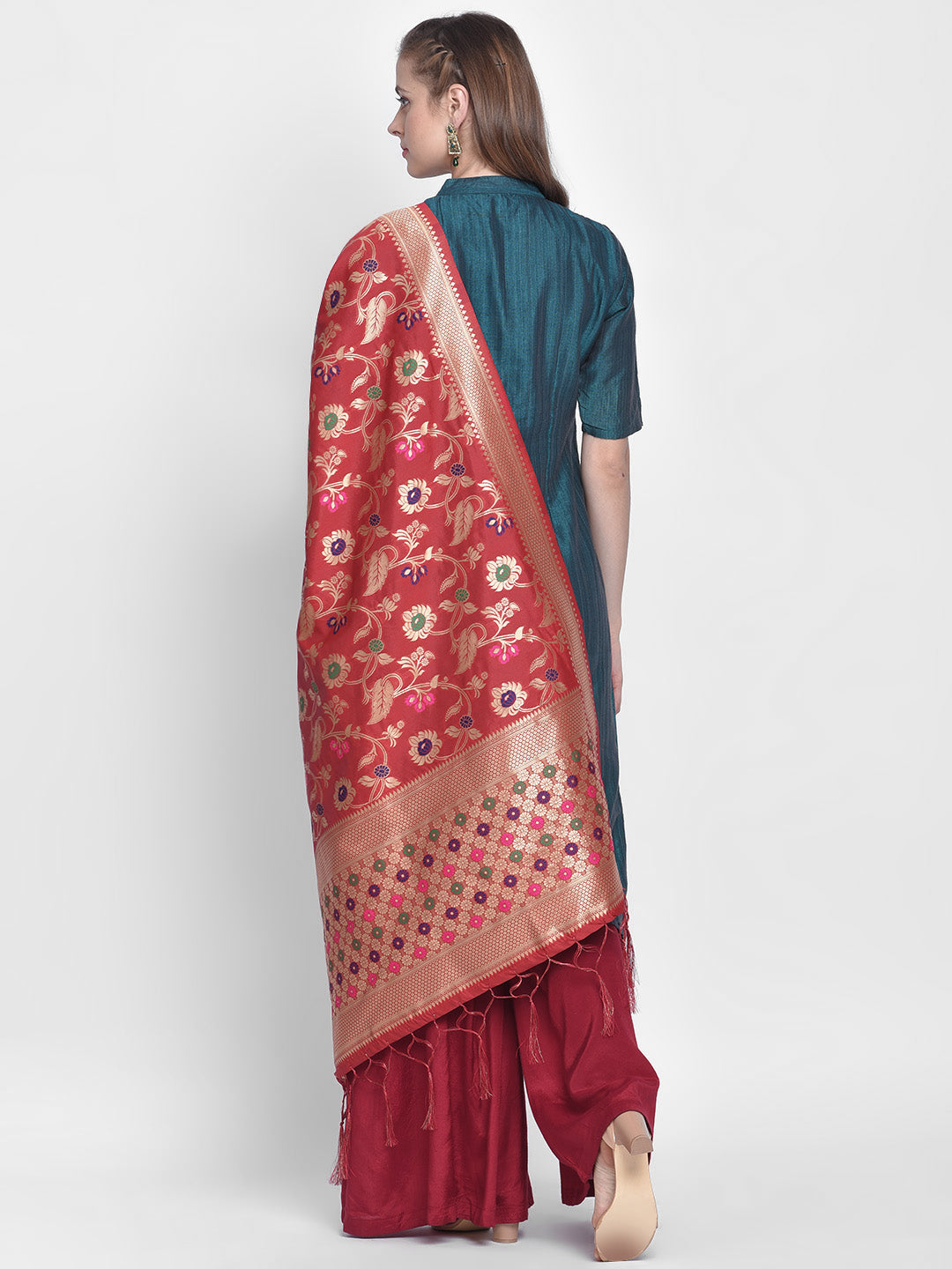 Dupatta Bazaar Woman's Red Banarasi Silk Dupatta with floral Jaal - Dupatta Bazaar