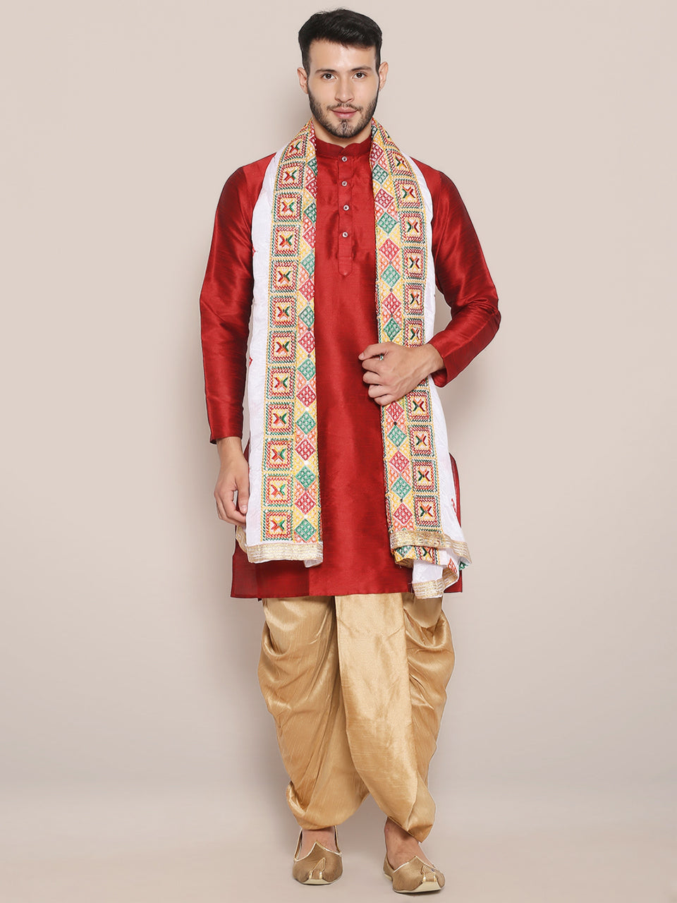 Men's White & Gold Phulkari Dupatta freeshipping - Dupatta Bazaar