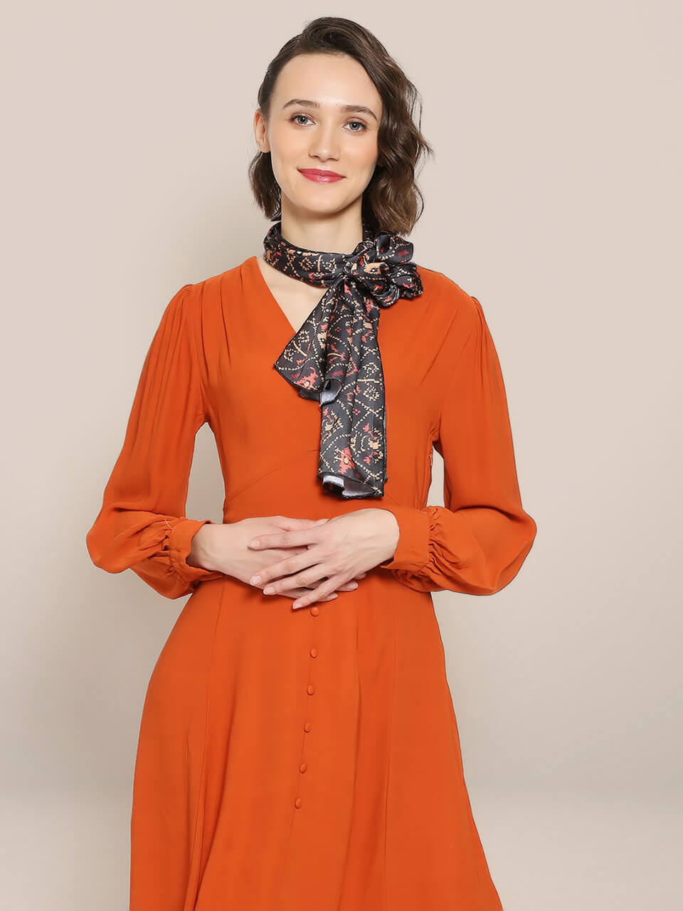 Black & Multicoloured Printed Satin Scarf 