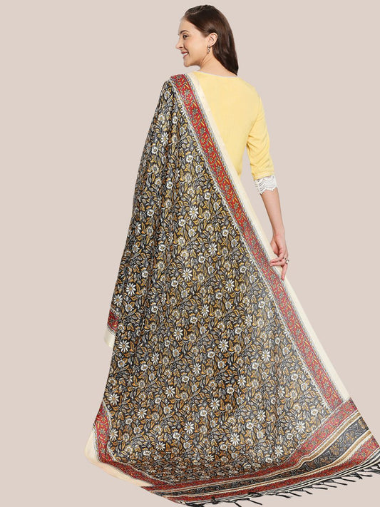 Black Floral Printed Blended Silk Dupatta