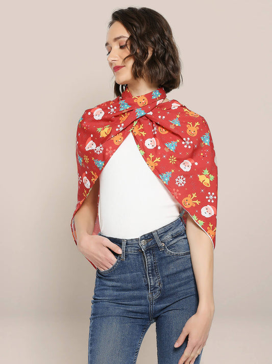 Printed Red Silk Blend Christmas Holiday Scarf/ Stole