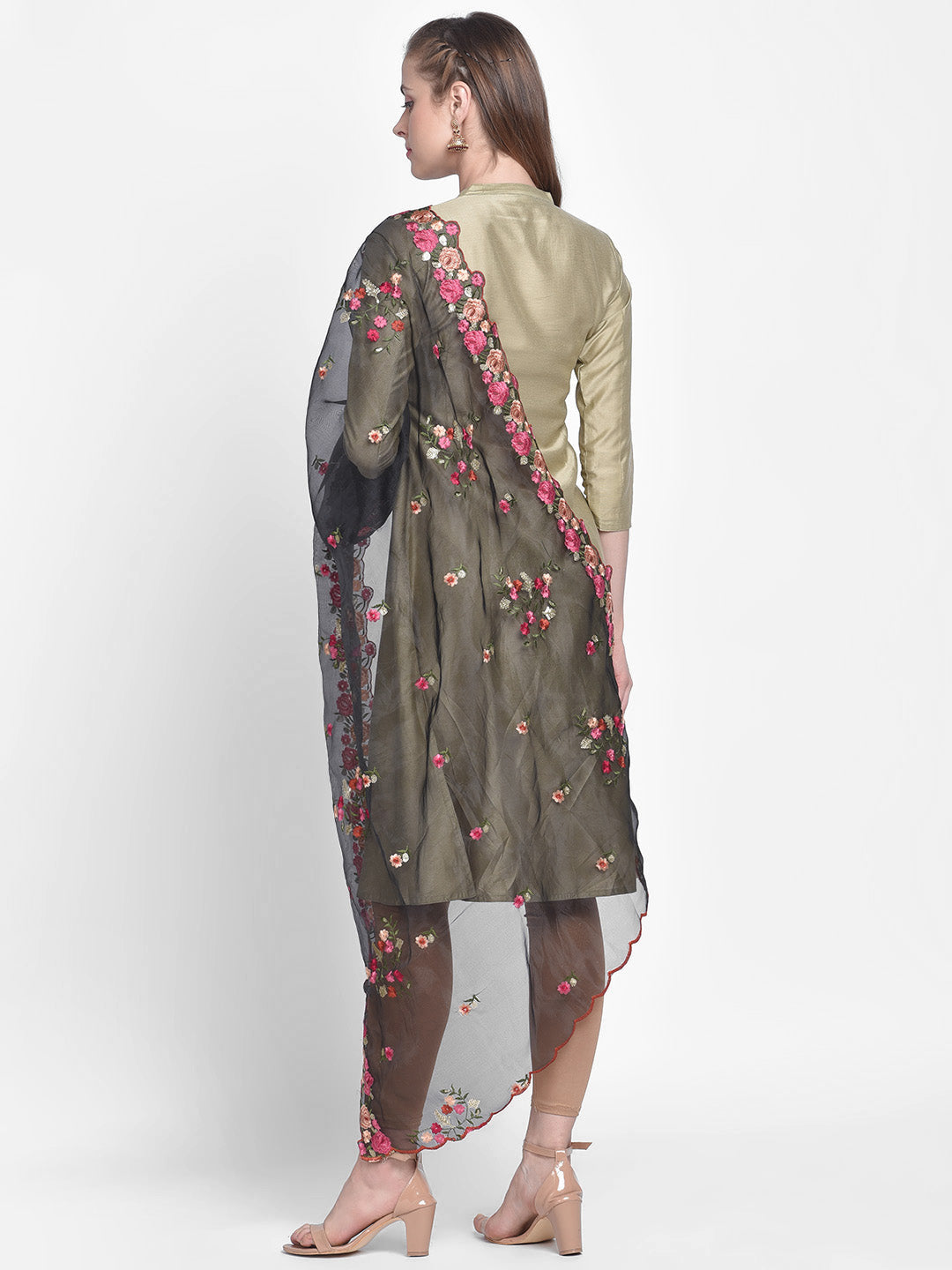 Dupatta Bazaar Woman's Black Organza Dupatta with Multicolor Floral Embroidery - Dupatta Bazaar