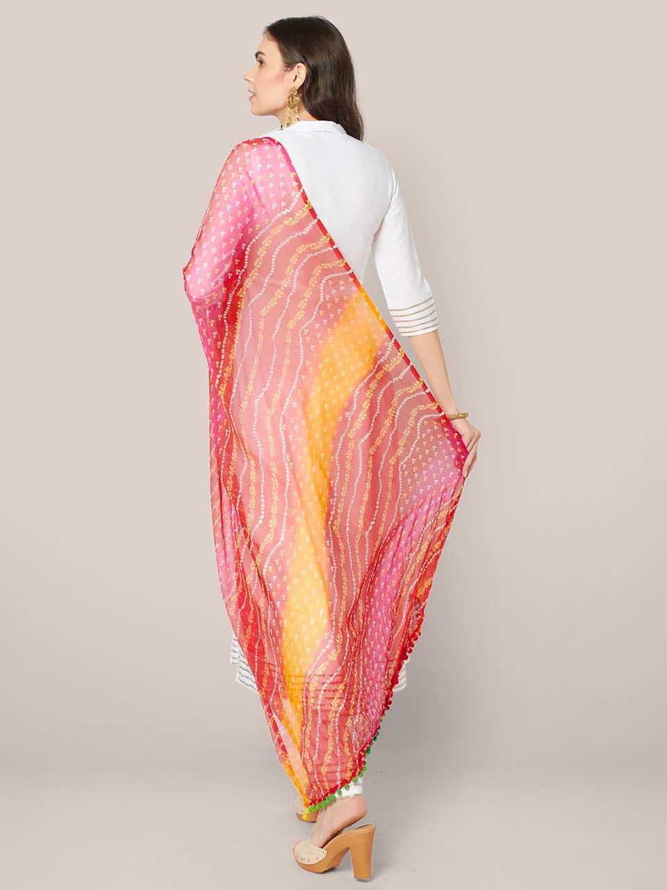 Multicoloured Bandhini Printed chiffon Dupatta with Pompom freeshipping - Dupatta Bazaar