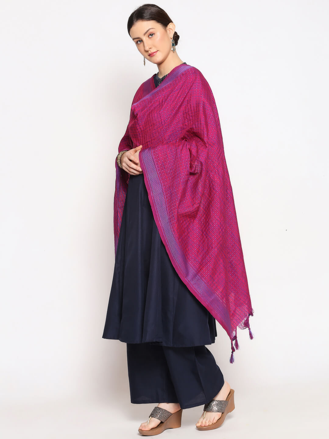 Woven Checkered Cotton Dupatta with Polka dots 