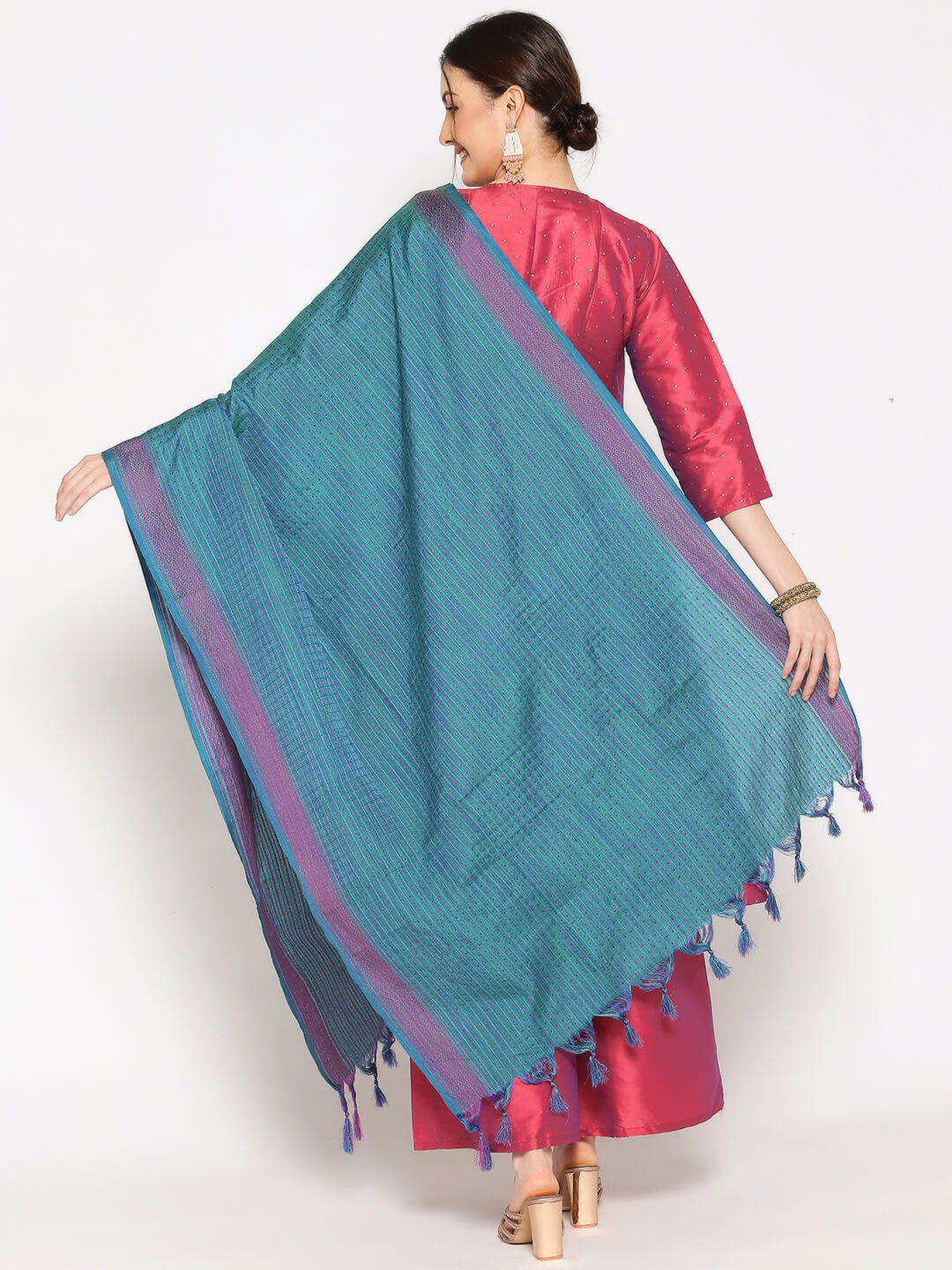 Woven Checkered Cotton Dupatta with Polka dots 