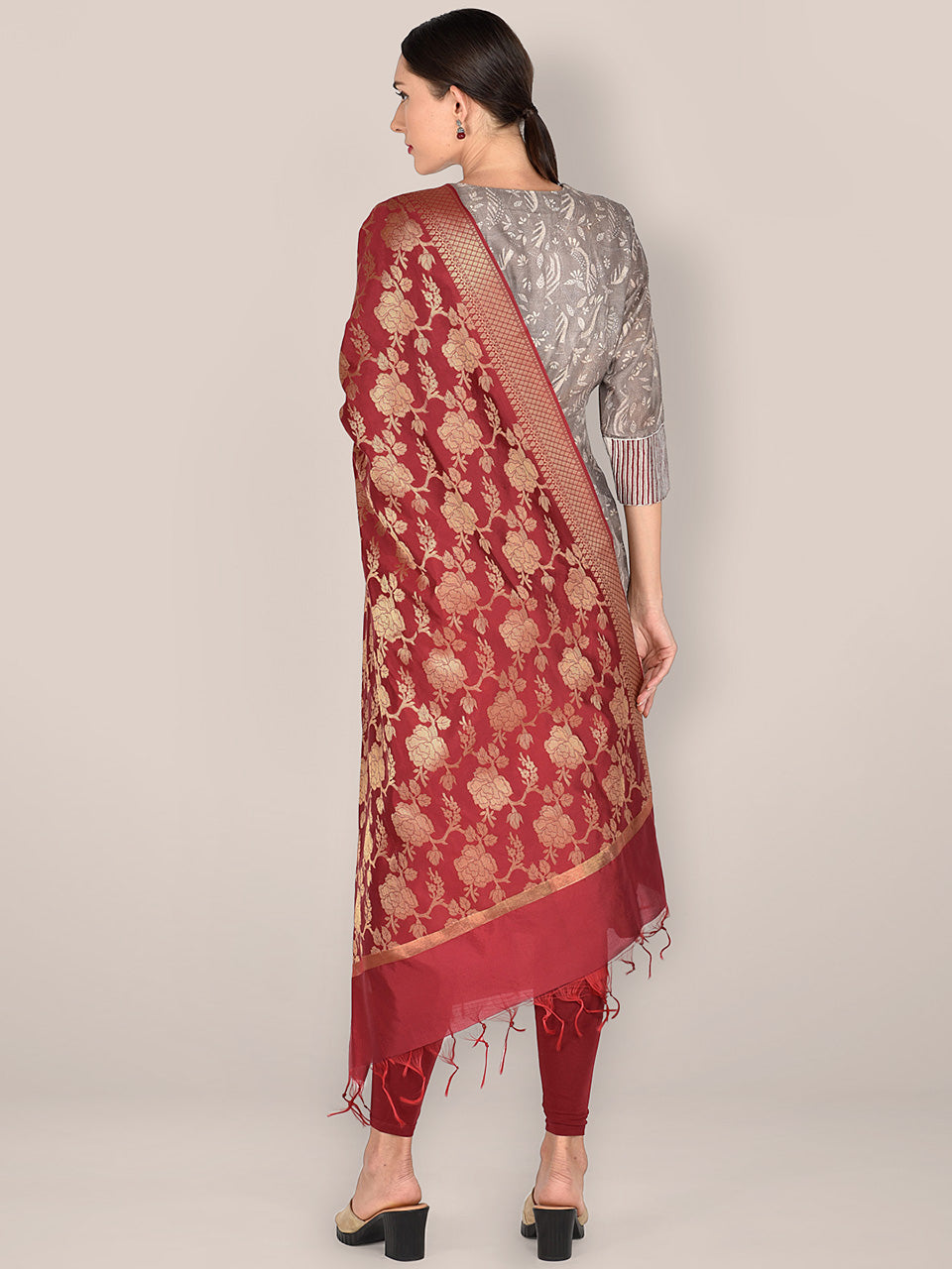 Banarasi Maroon Silk Dupatta with Floral Jaal freeshipping - Dupatta Bazaar