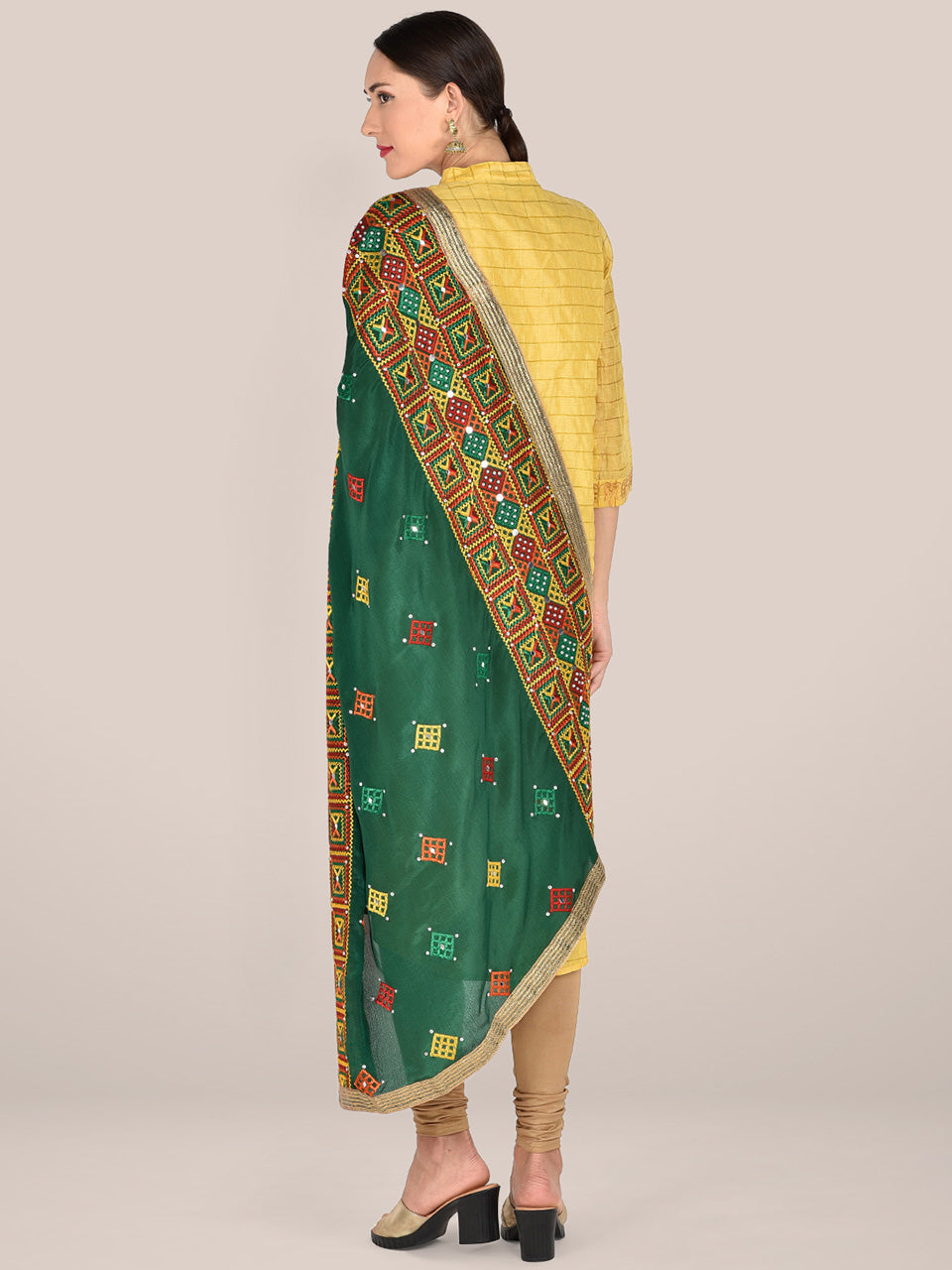 Phulkari Green & Multicoloured Pure Chinon Dupatta freeshipping - Dupatta Bazaar