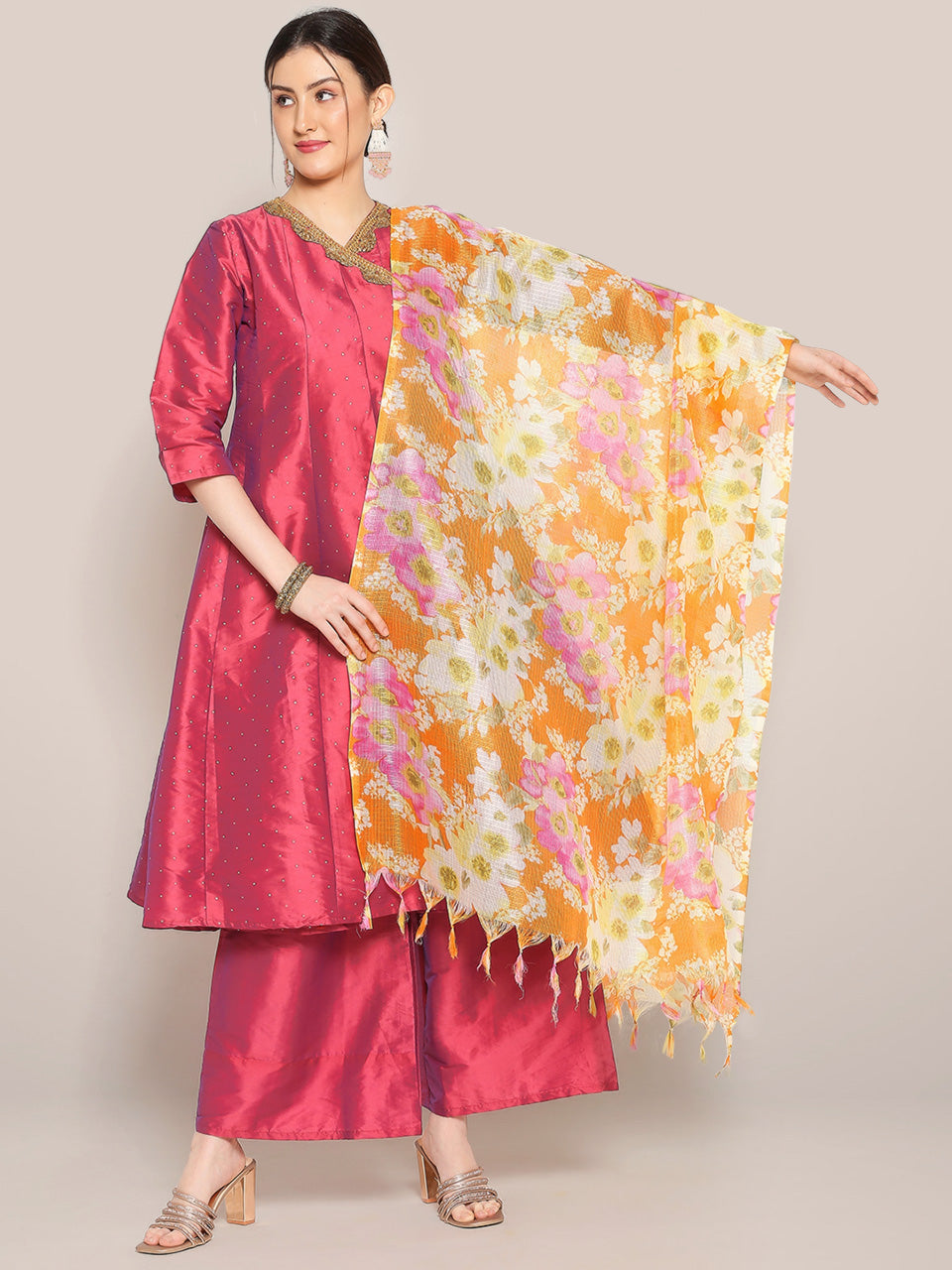 Digital Printed Floral Orange & Pink Kota Doria Dupatta freeshipping - Dupatta Bazaar