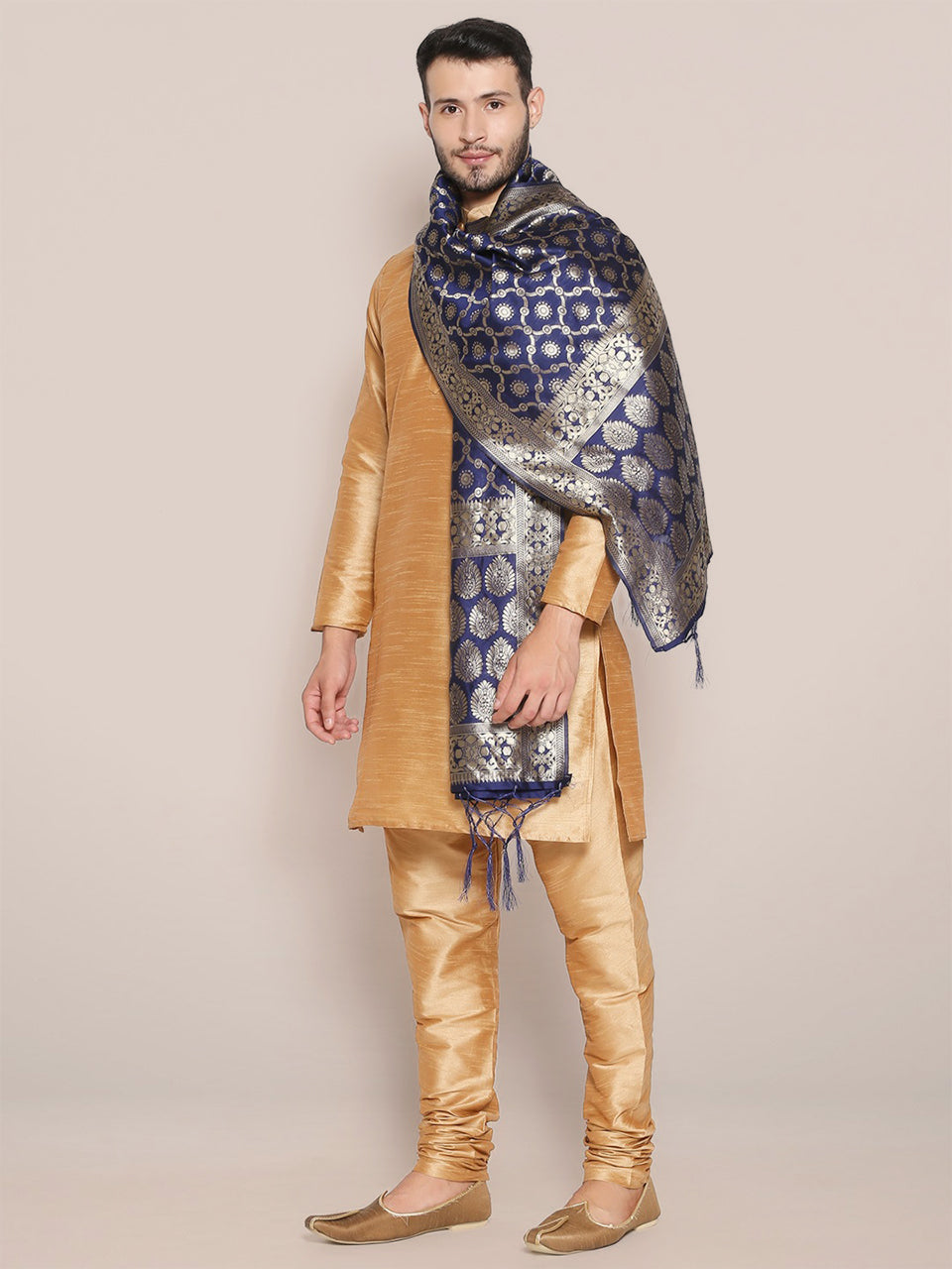 Men's Navy Blue Banarasi Silk Stole freeshipping - Dupatta Bazaar