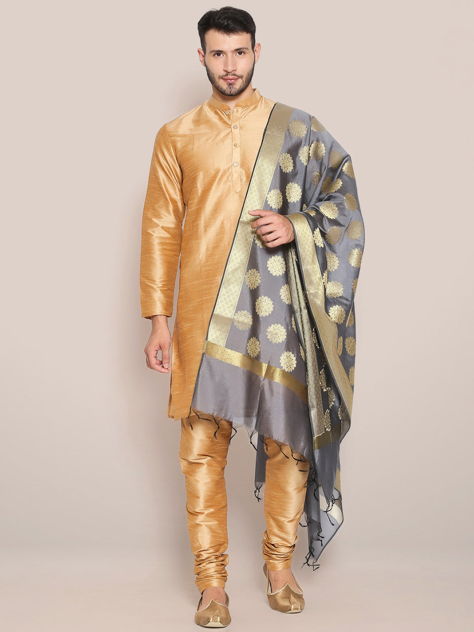 Men's Grey Banarasi Silk Dupatta freeshipping - Dupatta Bazaar