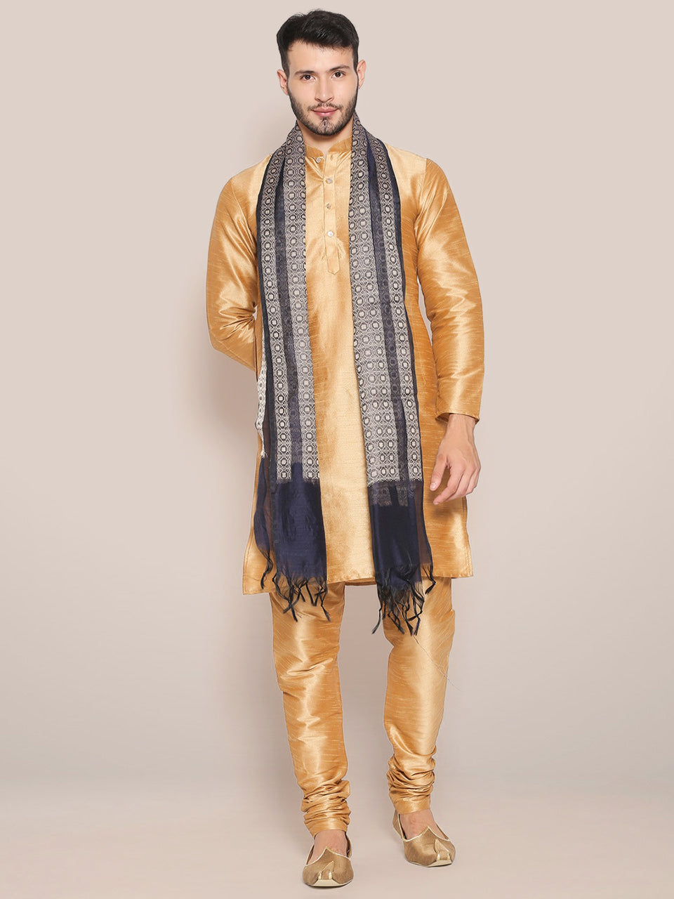 Men's Navy Blue Woven Cotton Chanderi Dupatta. freeshipping - Dupatta Bazaar