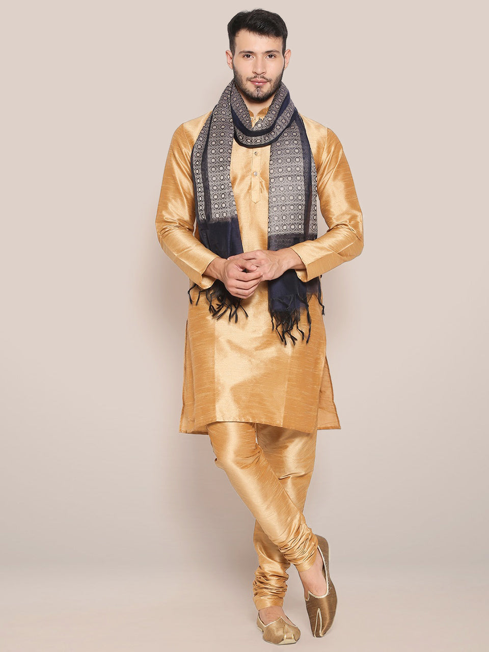 Men's Navy Blue Woven Cotton Chanderi Dupatta. freeshipping - Dupatta Bazaar