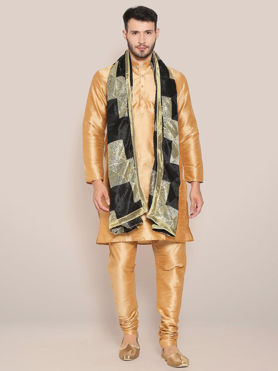 Men's Black & Gold Phulkari Chiffon Dupatta freeshipping - Dupatta Bazaar