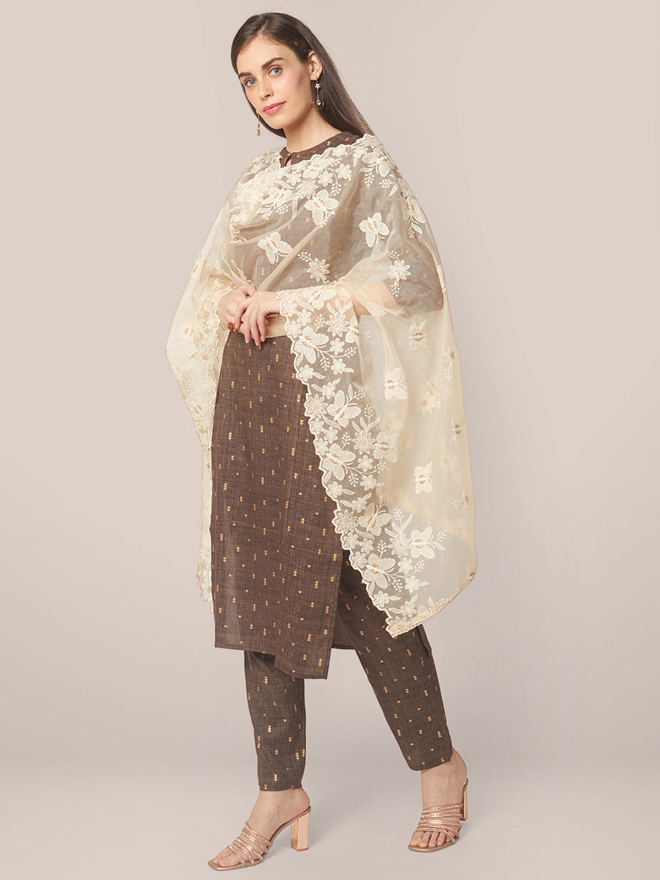 Beige Organza Dupatta with Butterfly Embroidery freeshipping - Dupatta Bazaar