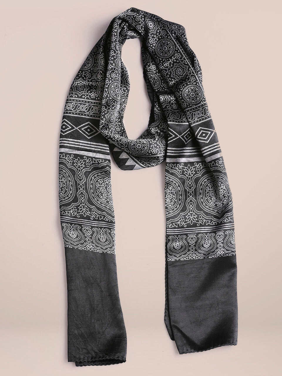 Ajrakh Hand Block Printed Black Mushru Stole 