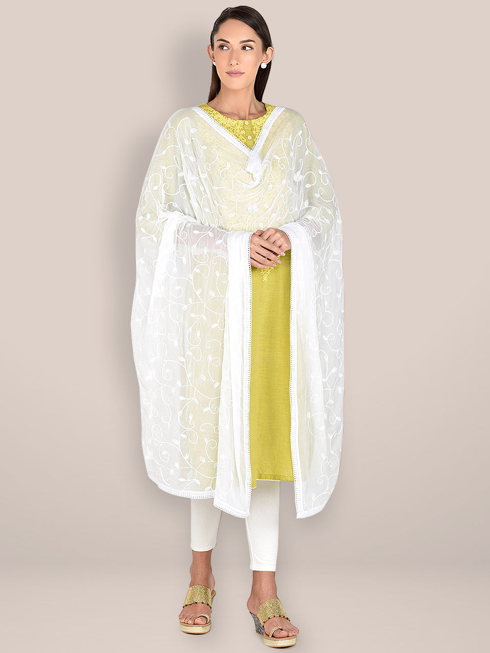 White Embroidered  Chiffon Dupatta freeshipping - Dupatta Bazaar