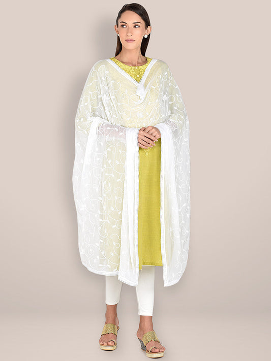 White Embroidered  Chiffon Dupatta freeshipping - Dupatta Bazaar